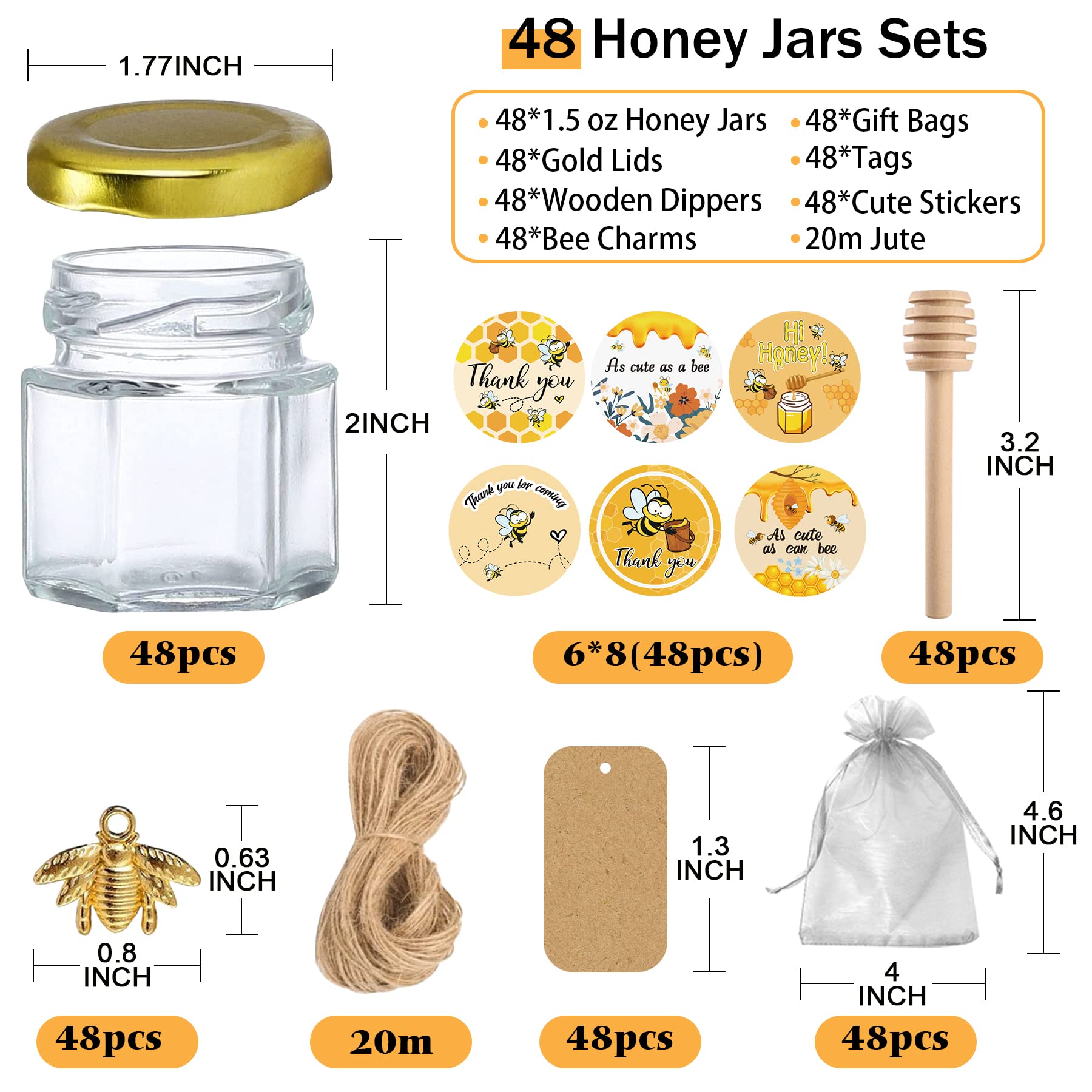 Aliggbent 48 Pack Mini Honey Jars Party Favors in Bulk, 1.5 oz Small Hexagon Glass Honey Jars with Dippers, Lids, Cute Stickers,