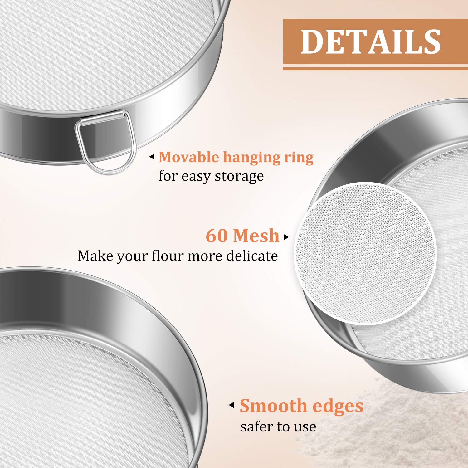 6 Pieces Tamis Flour Sieve Set 6 Inch 8 Inch 10 Inch Flour Sieve 60 Mesh Stainless Steel Round Sifter For Baking With Dough Scra