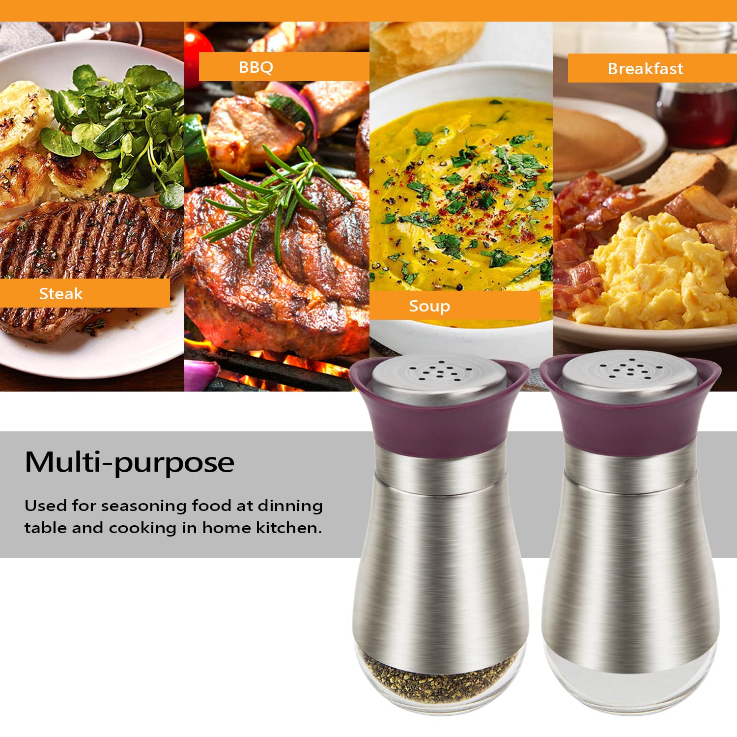 Evelyne Salt Pepper Seasoning Glass Shaker With Stainless Steel Cover 2 Pcs Pack Set (Purple)