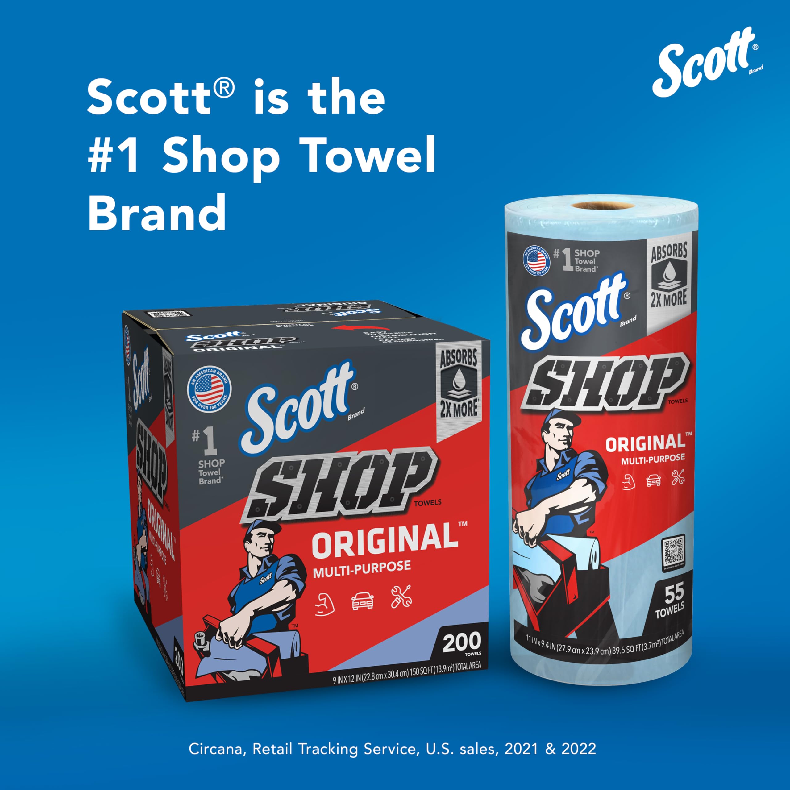 Scott Shop Towels Original (75143), Original Blue Shop Towels, 9.4''X11'' Sheets, 10 Packs Of 3 Rolls (55 Towels/Roll, 30 Rolls/