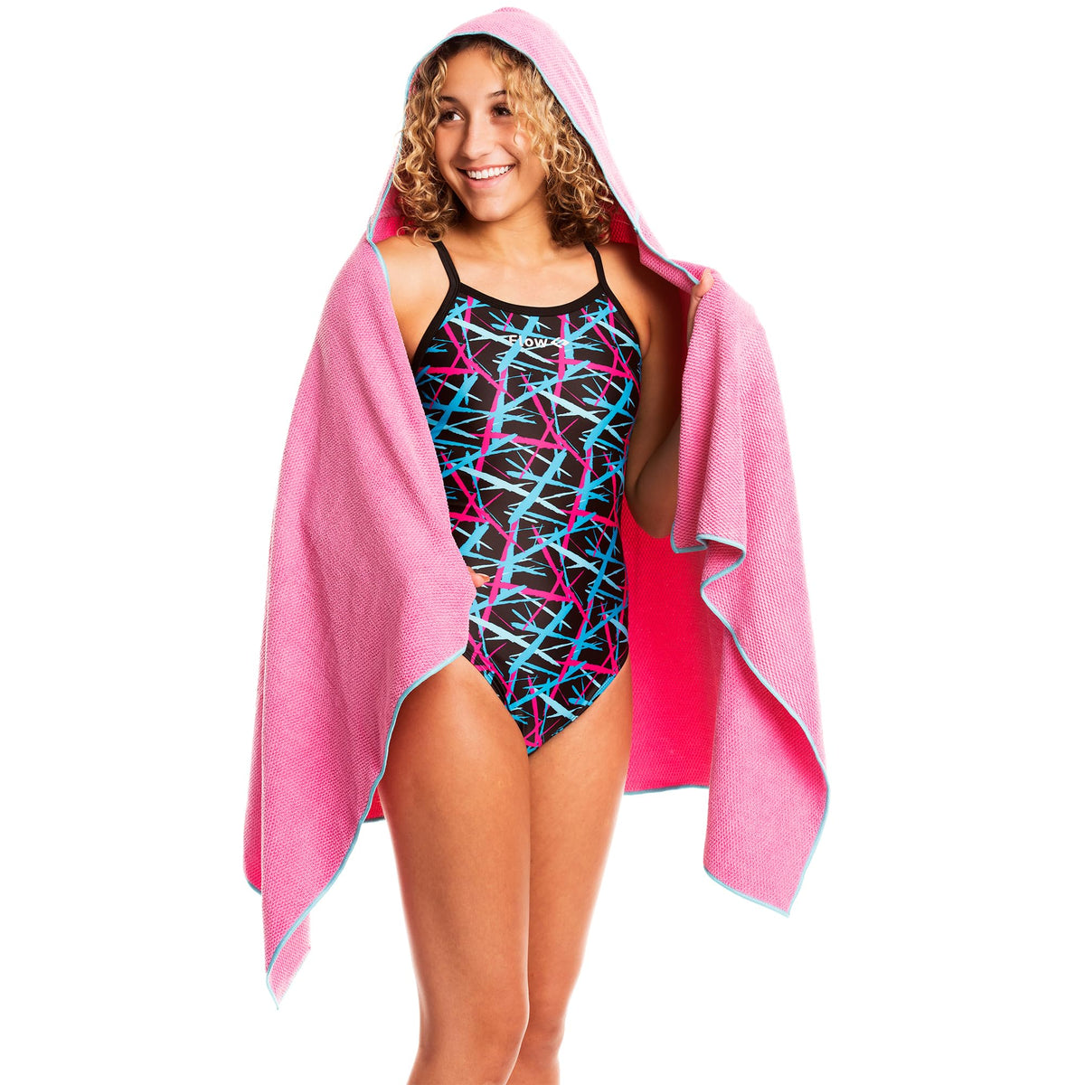 Flow Quick Dry Swim Towel With Hood - Microfiber Hooded Towel For Competitive Swimming And Other Water Sports (Pink)