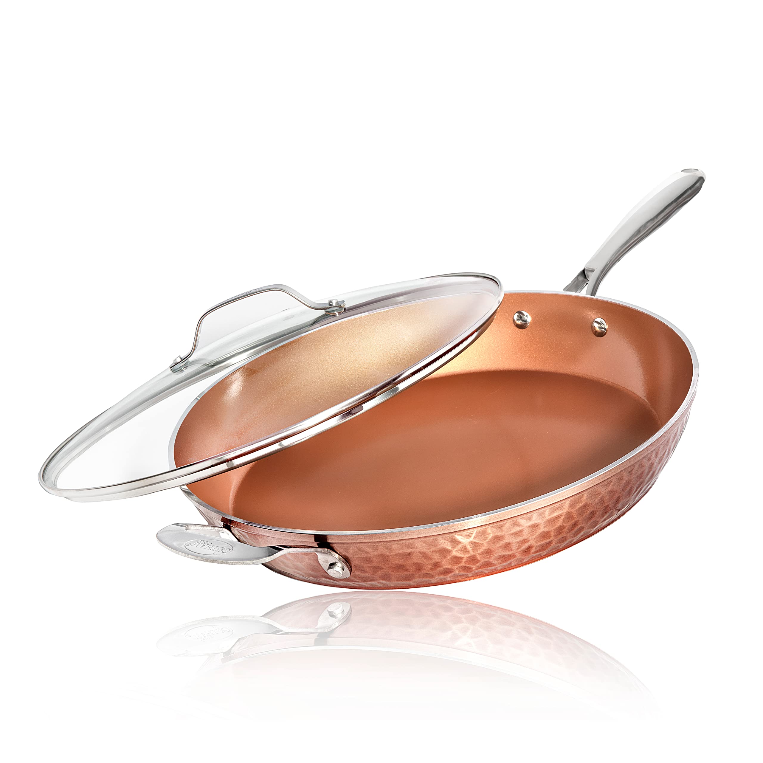 Gotham Steel Hammered Copper 14 Inch Non Stick Frying Pan with Lid, Nonstick Frying Pan with Ceramic Coating and Induction Plate