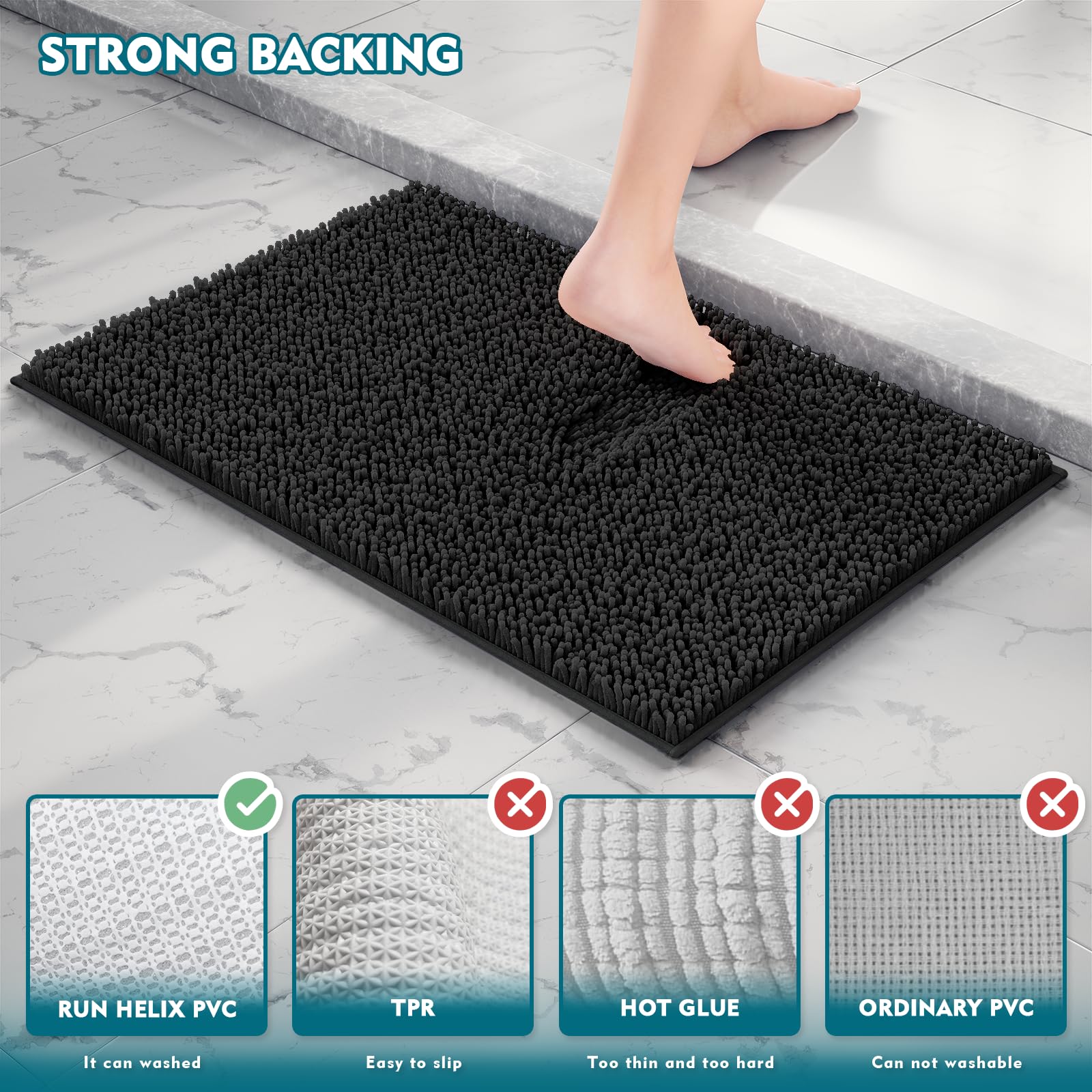 Black Bathroom Rugs Non-Slip Bath Mat Set  Chenille Bathroom Mats  Bath Rugs Set 3 Pieces  Ultra Soft Bathroom Rug Set  and Absorbent Bath Mat  Plush Bathroom Carpet Bath Mat for Bathroom  Tub  Shower