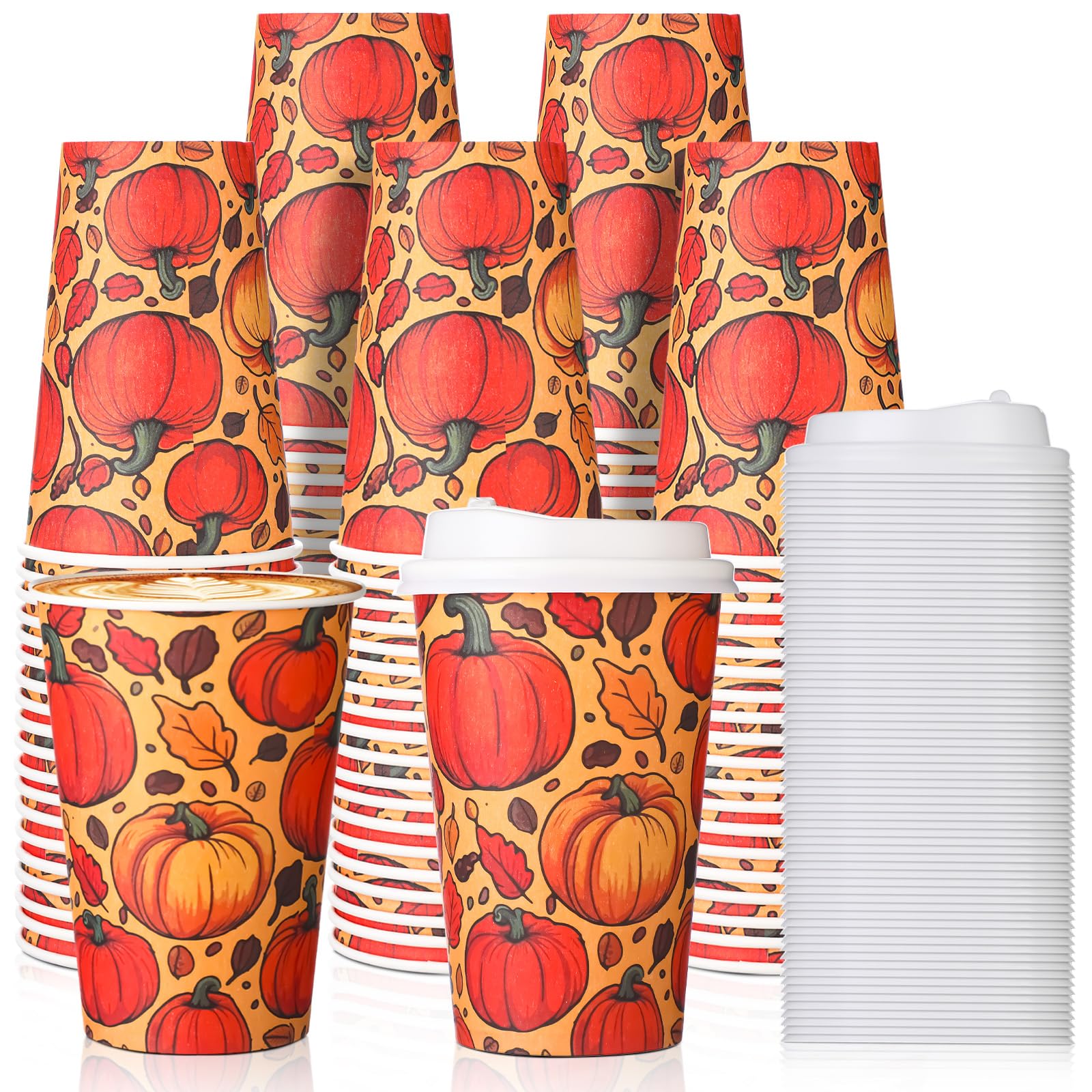 SiliFine 100 Pcs 12 oz Fall Pumpkin Paper Coffee Cups with Lids, Thanksgiving Disposable Maple Leaves Beverage Drinking Cups Fal