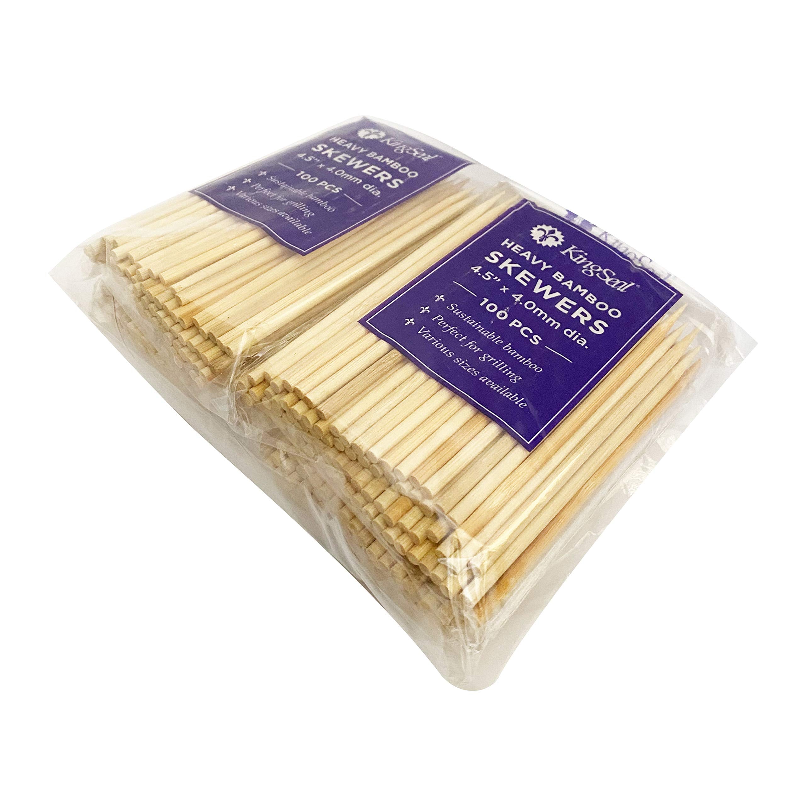 Kingseal Renewable Bamboo Heavy Duty Skewers, Sticks, 4.5 Inches X 3.8 Mm Diameter - 4 Bags Of 100 Skewers (400 Count)