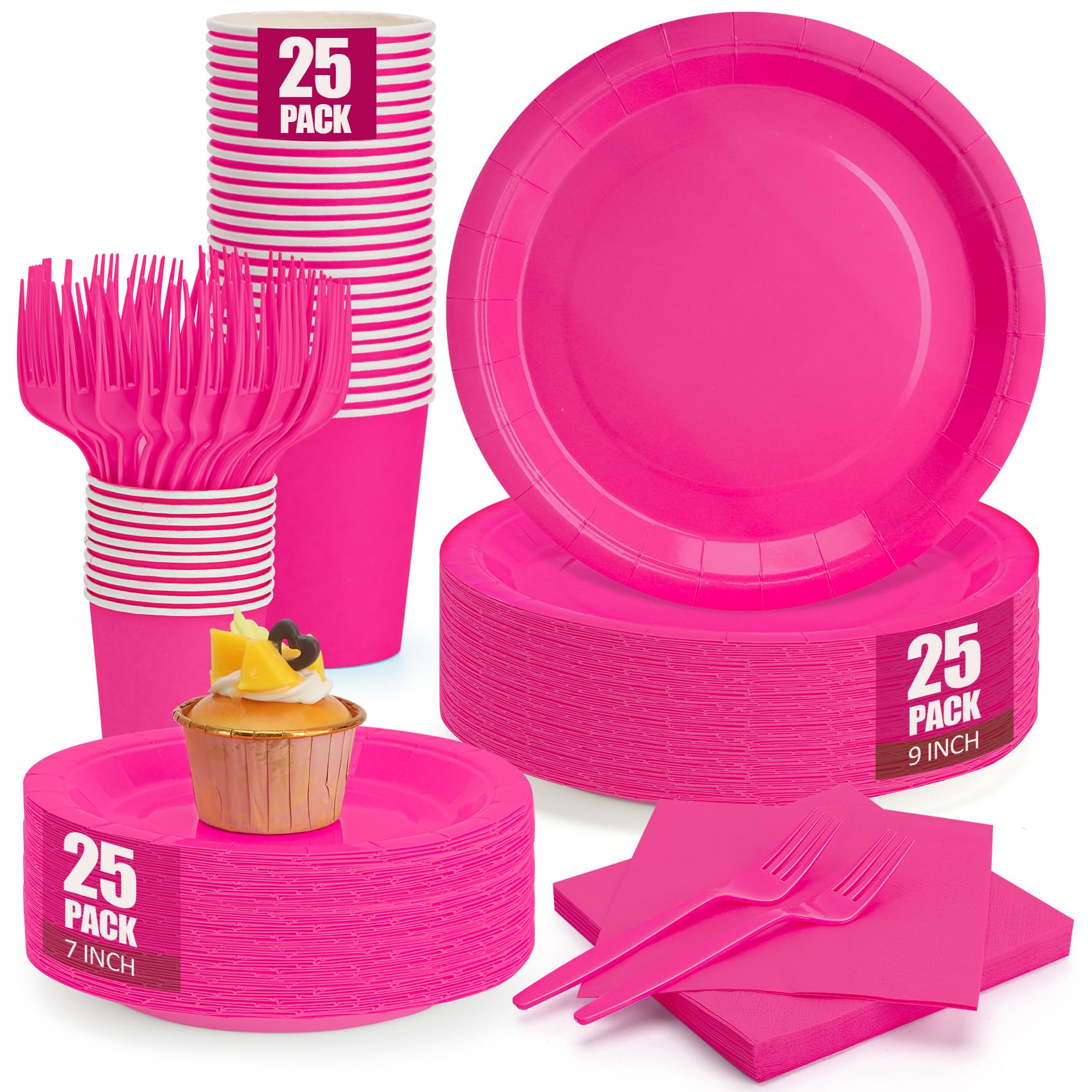 Hot Pink Plates and Napkins Party Supplies, Include 9Disposable Hot Pink Paper Plate, 7Dessert Plates and Cups and Napkins Forks