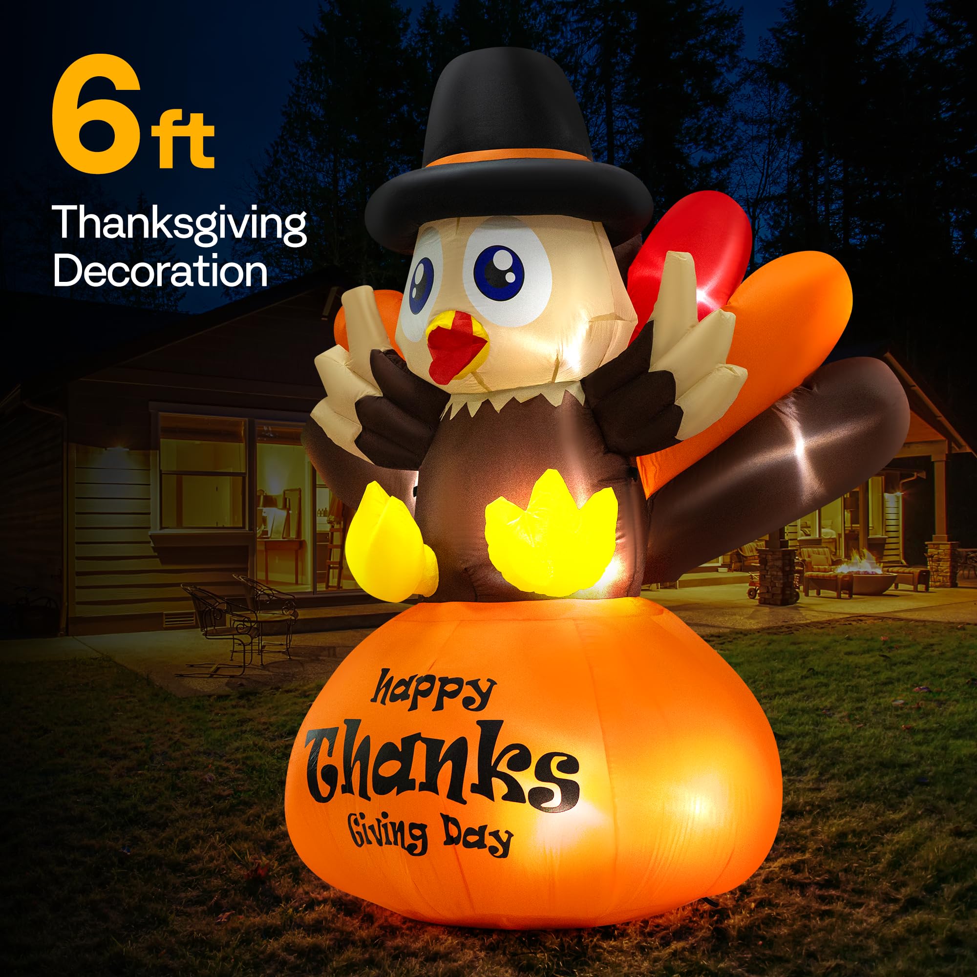VIVOHOME 6ft Height Thanksgiving Inflatable LED Lighted Turkey on Pumpkin Blow up Outdoor Lawn Yard Decoration