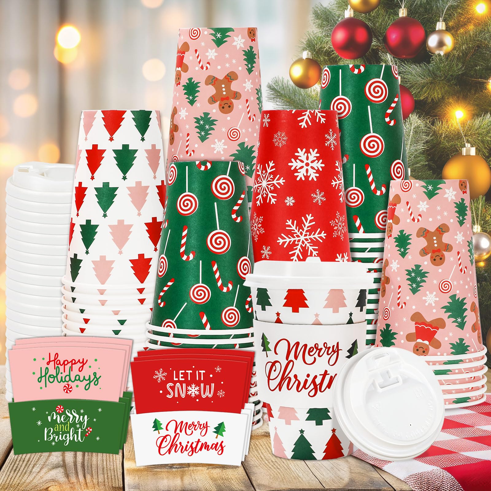 JarThenaAMCS 100 Sets 16oz Christmas Disposable Coffee Cups With Lids And Sleeves Festive Xmas Design Paper Drinking Cups For Wi