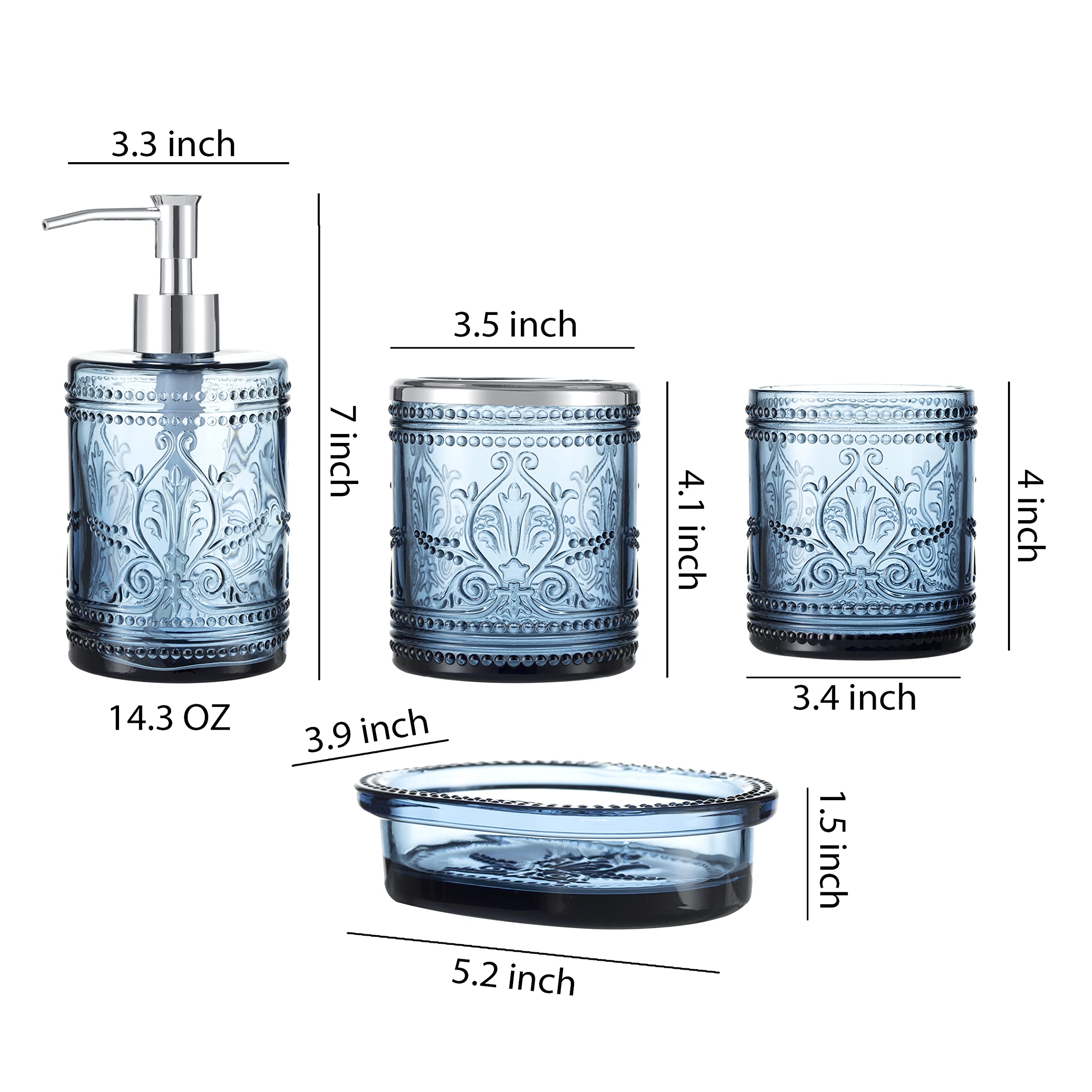 4Pcs Teal Blue Glass Bathroom Accessories Set With Decorative Pressed Pattern - Includes Hand Soap Dispenser & Tumbler & Soap Di
