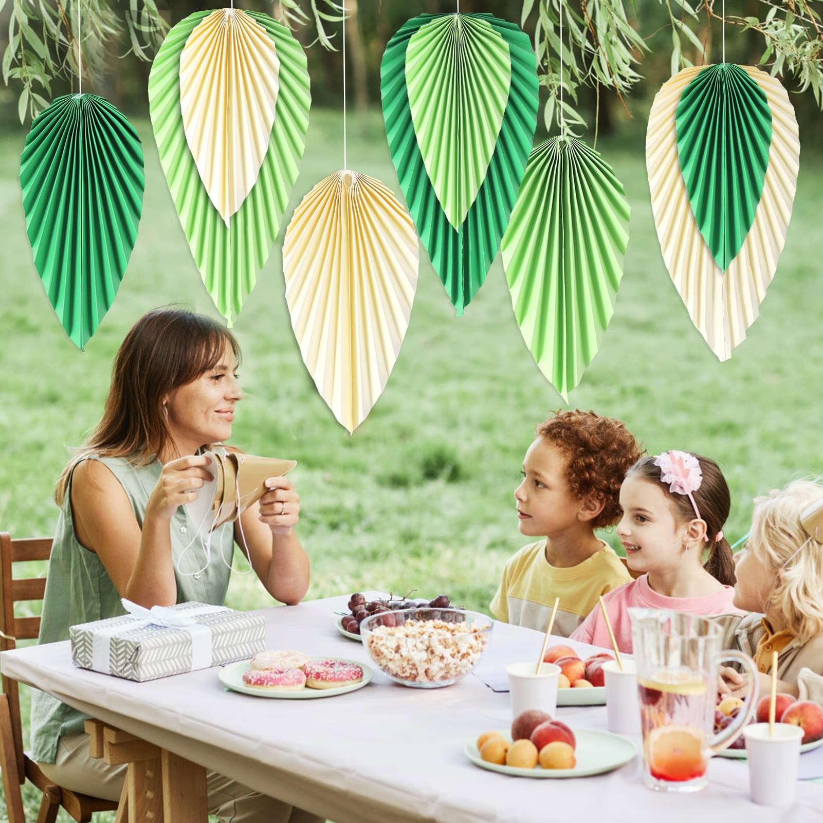 SUNBEAUTY Paper Fans Party Decorations Paper Leaves for Decoration Paper Fans Classroom Decoration Paper Fans Backdrop Decor Green Birthday Decorations Set of 9