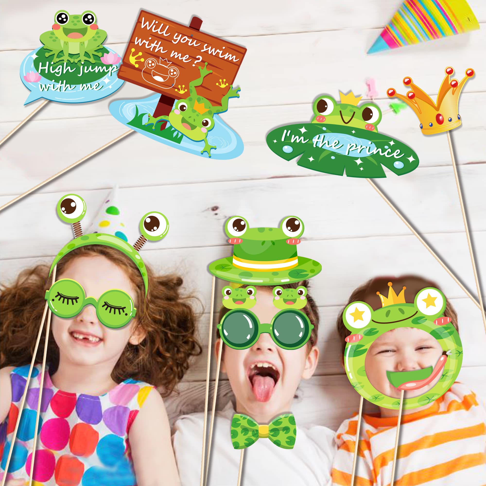 25Pcs Frog Photo Booth Props With Stick, Frog Party Decoration Supplies Princess Selfie Props Animal Party Photography Props For