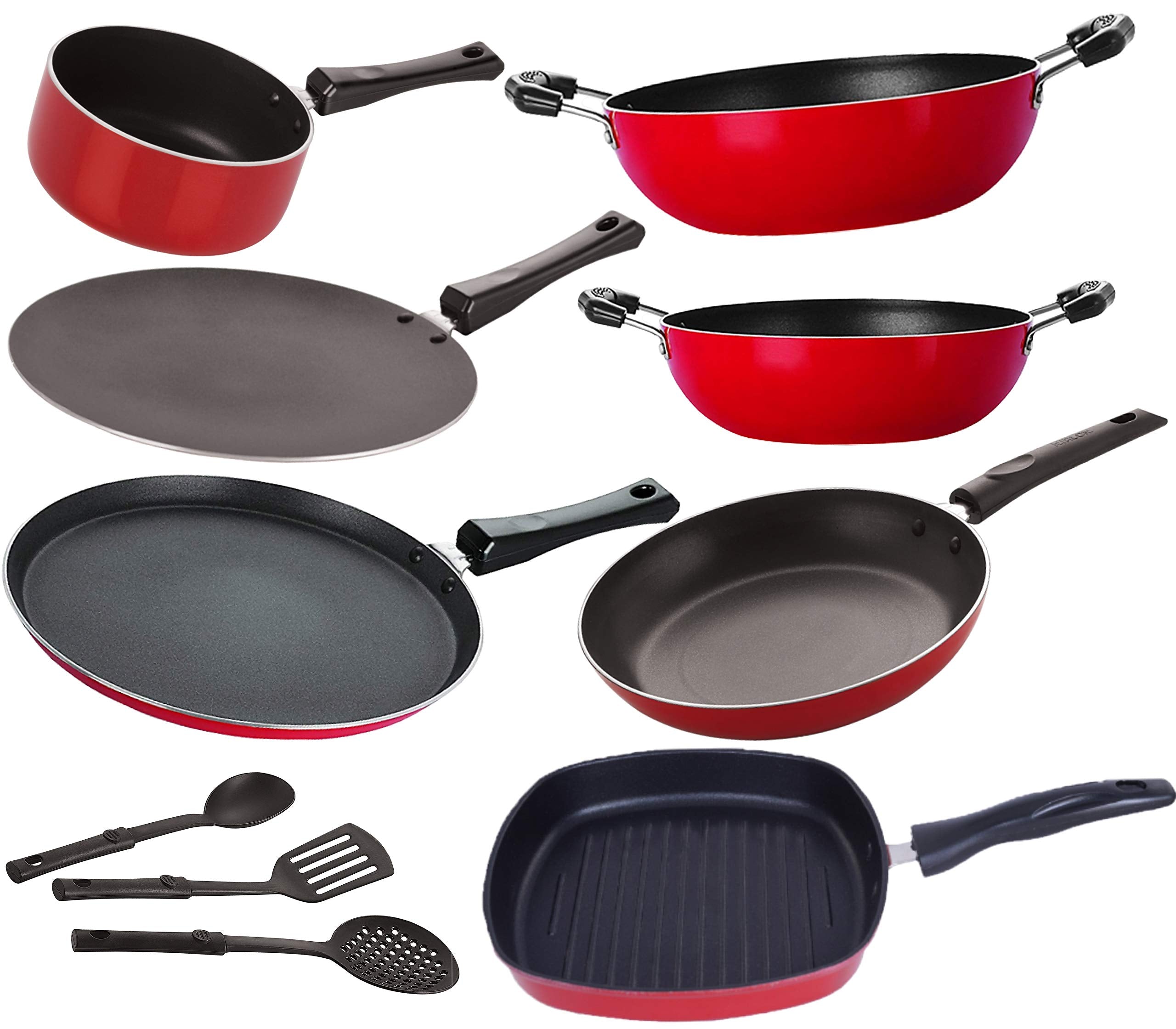 Nirlon Non Stick Stain Resistance NonInduction Kitchen Essential Cookware Set10 Pieces [Ft12_Ct12_Kd12_Kd14_Sp(M)_Tp22_Gp24_3S