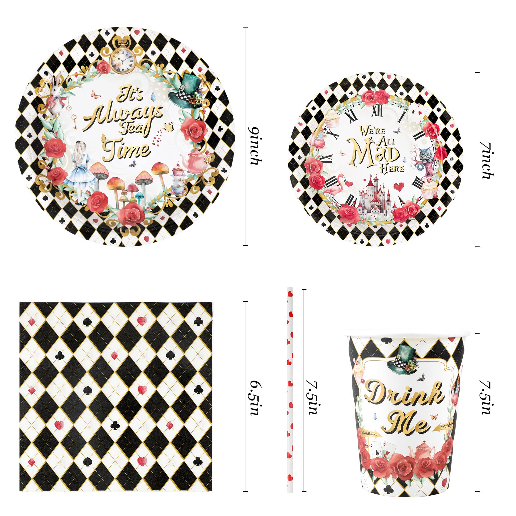 Alice Party Supplies Decorations, Tea Party Theme Birthday Baby Shower Paper Plates And Napkins Set With Cups And Straws For 24