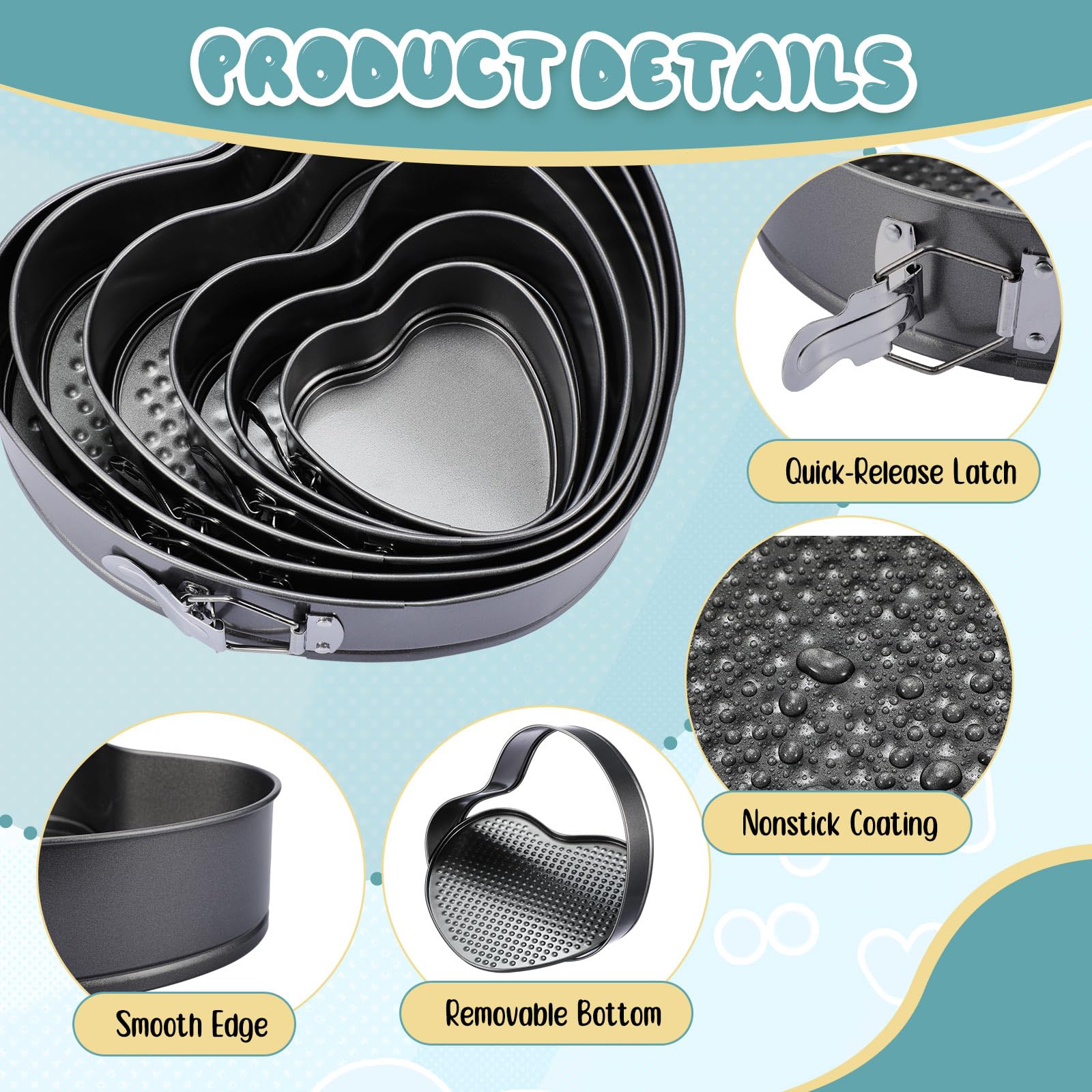 Zhehao 6 Pcs Heart Shape Cake Pans Heart Cake Mold 6 Cheesecake Molds Diverse Sizes Nonstick Springform Cheesecake Pan Set Heart
