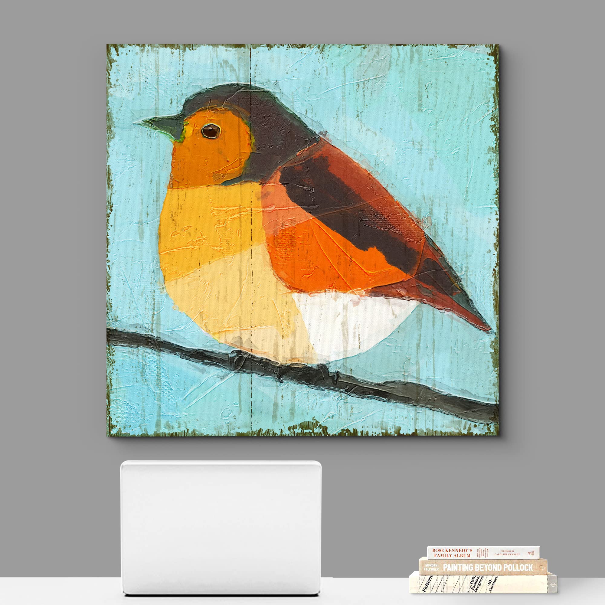Wall26 Canvas Print Wall Art Textured Geometric Orange & Yellow Robin Animals Birds Illustrations Modern Art Rustic Scenic Color