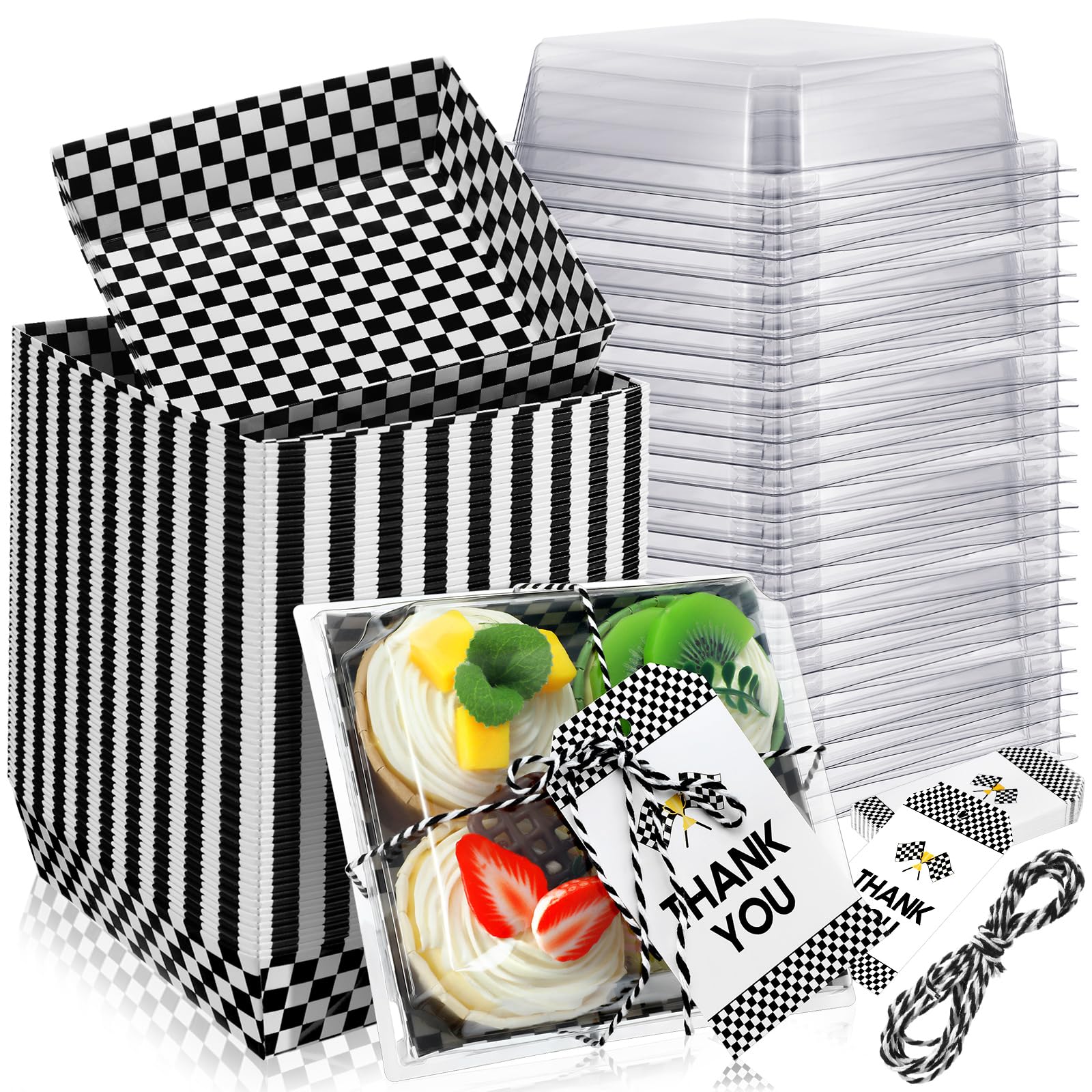Tioncy 50 Sets Race Car Party Charcuterie Boxes with Ropes and Cards Black and White Checkered Disposable Paper Food Containers 