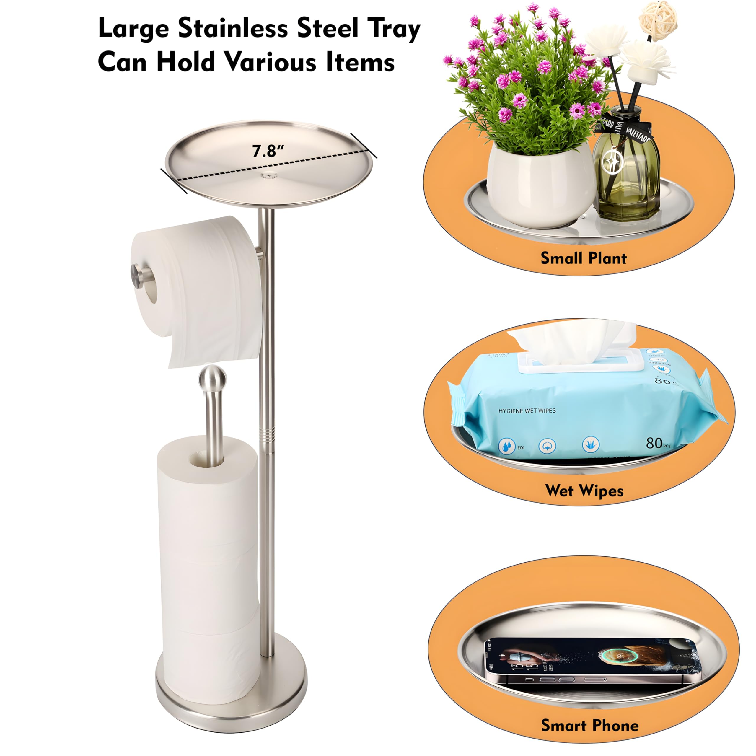 Noonext Toilet Paper Holder With Stainless Steel Tray At The Top For Bathroom, Heavy Base No Tipping Over (Stainless Steel, Brus