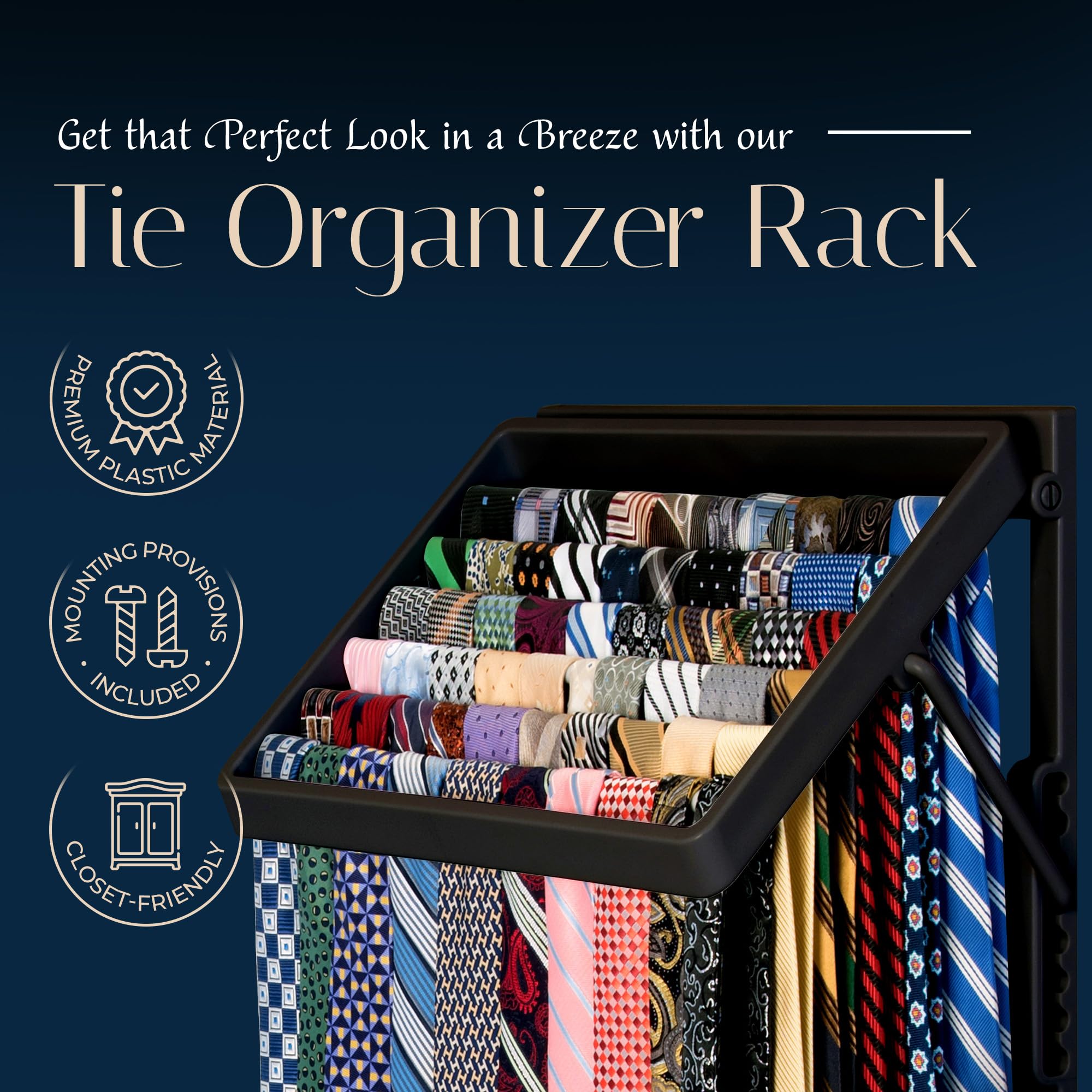 Tiemaster Tie And Scarf Organizer, Battery-Free Organizer, Holds 60 Ties And Scarves, Easy Installation, Sleek Design, Preserve