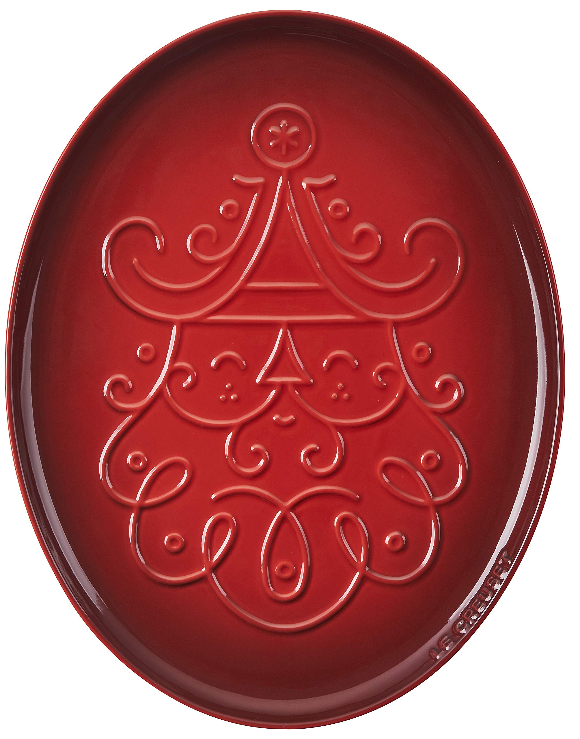 Le Creuset Stoneware Noel Collection: Oval Santa Cookie Platter, 14 Oz., Cerise W/Embossed Design