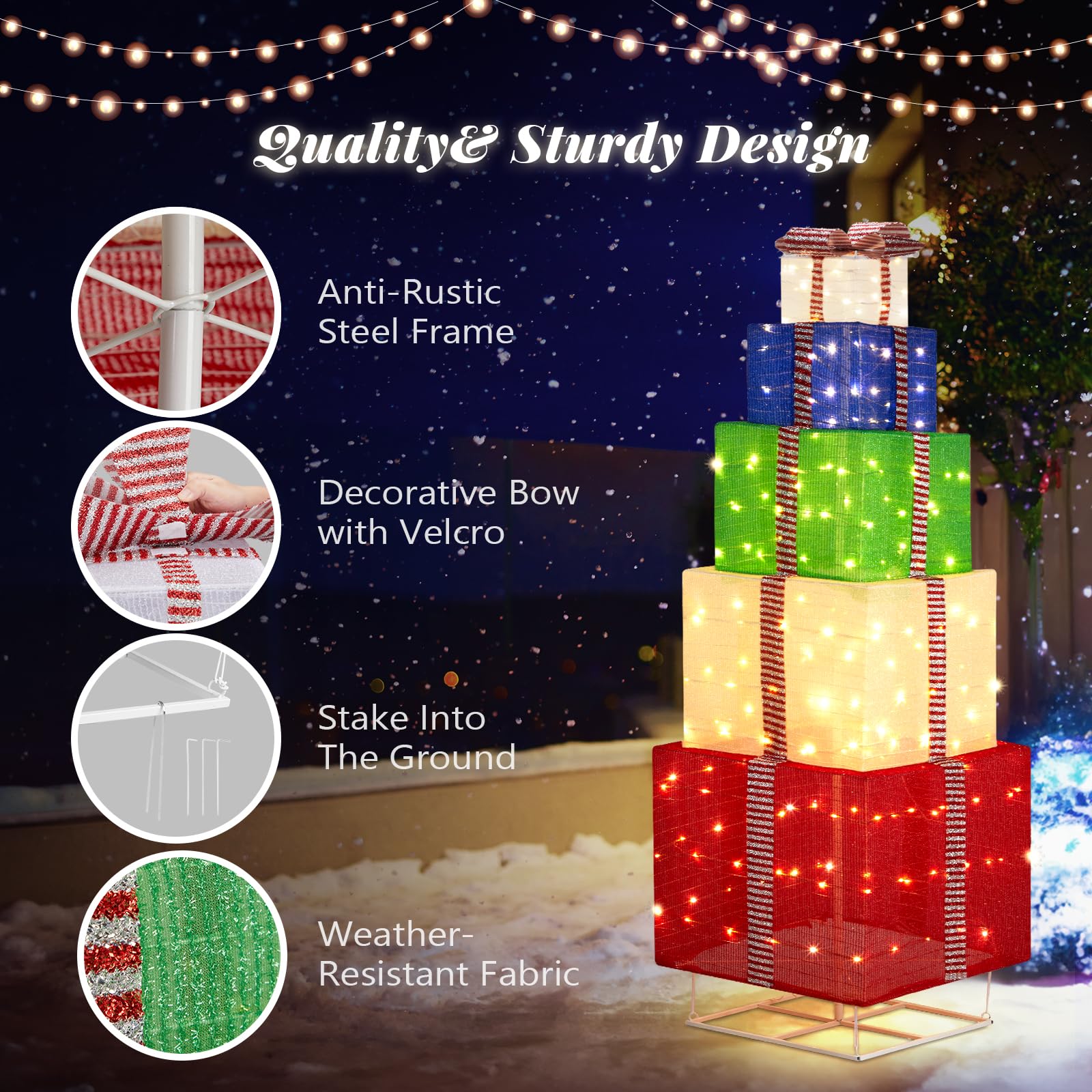 6FT Lighted Gift Boxes Tower, Outdoor Christmas Decorations with 200 White LED Lights, Pre-lit Stacked Light Up Present Boxes Or