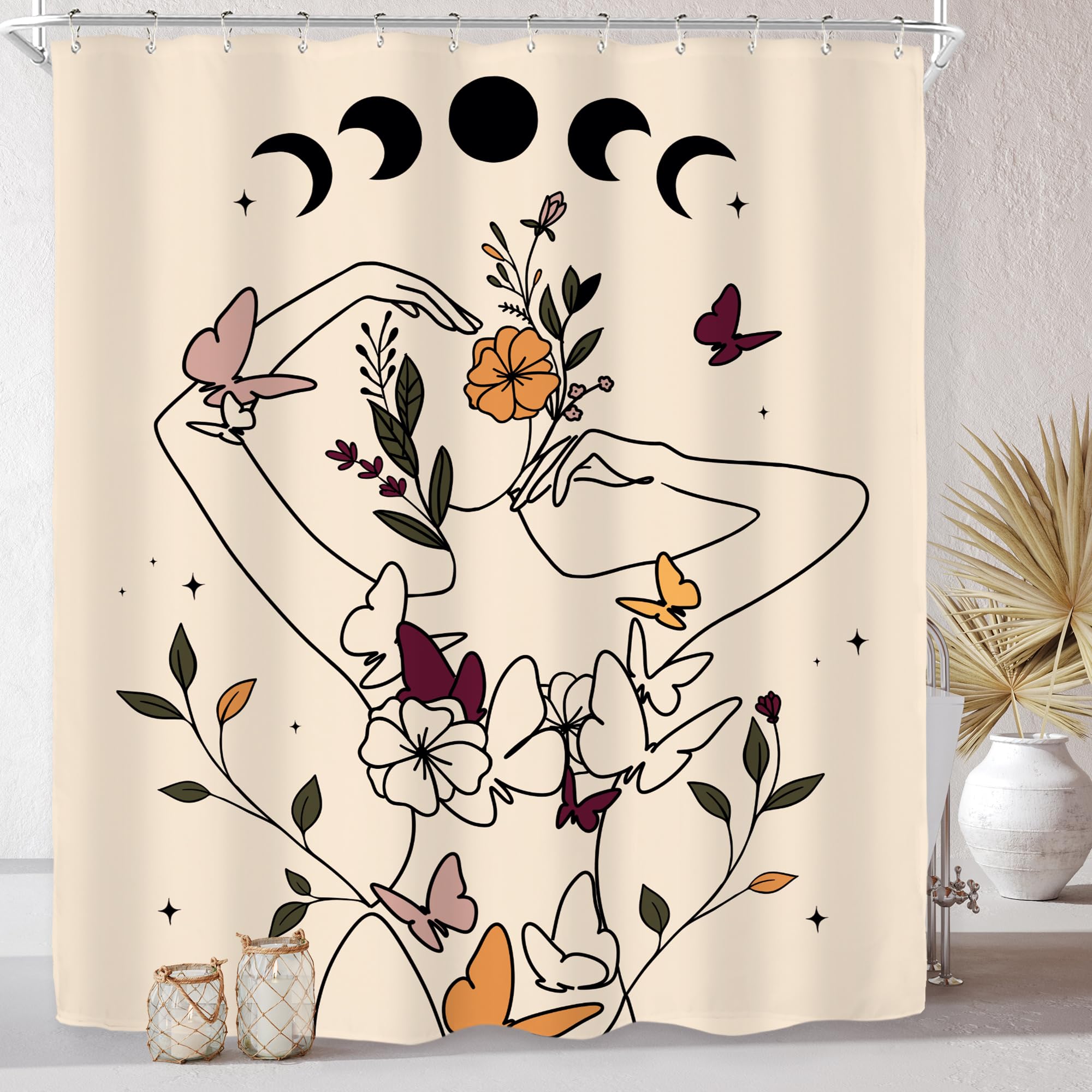 Riyidecor Abstract Woman Art Line Moon Phase Shower Curtain For Bathroom Decor 60Wx72H Floral Butterfly Body Modern Aesthetic Mi
