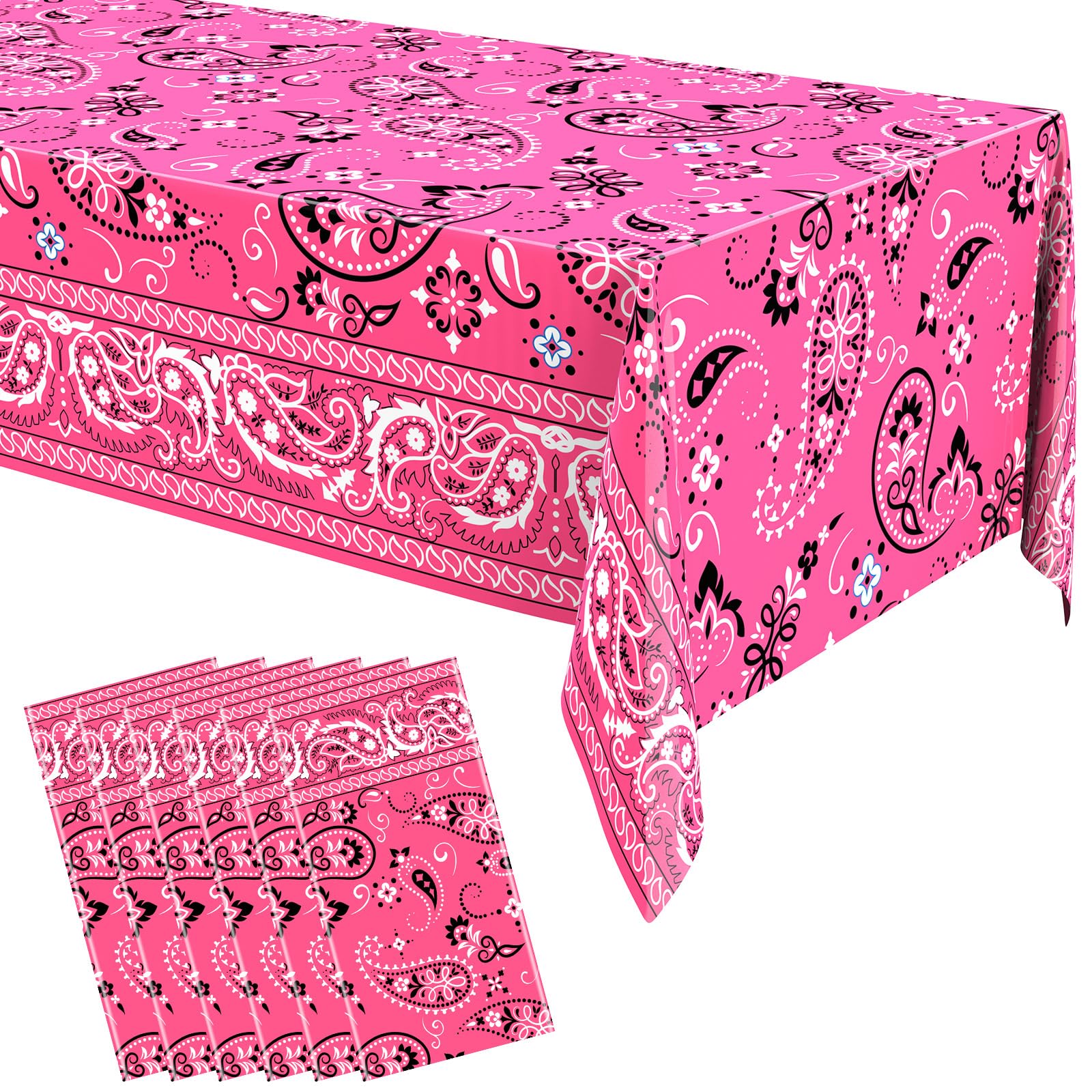 Oudain 6 Pcs Bandana Party Tablecloths,54 x 108 Inch Plastic Western Party Tablecloth, Bandana Paisley Table Cover, Rodeo Table 