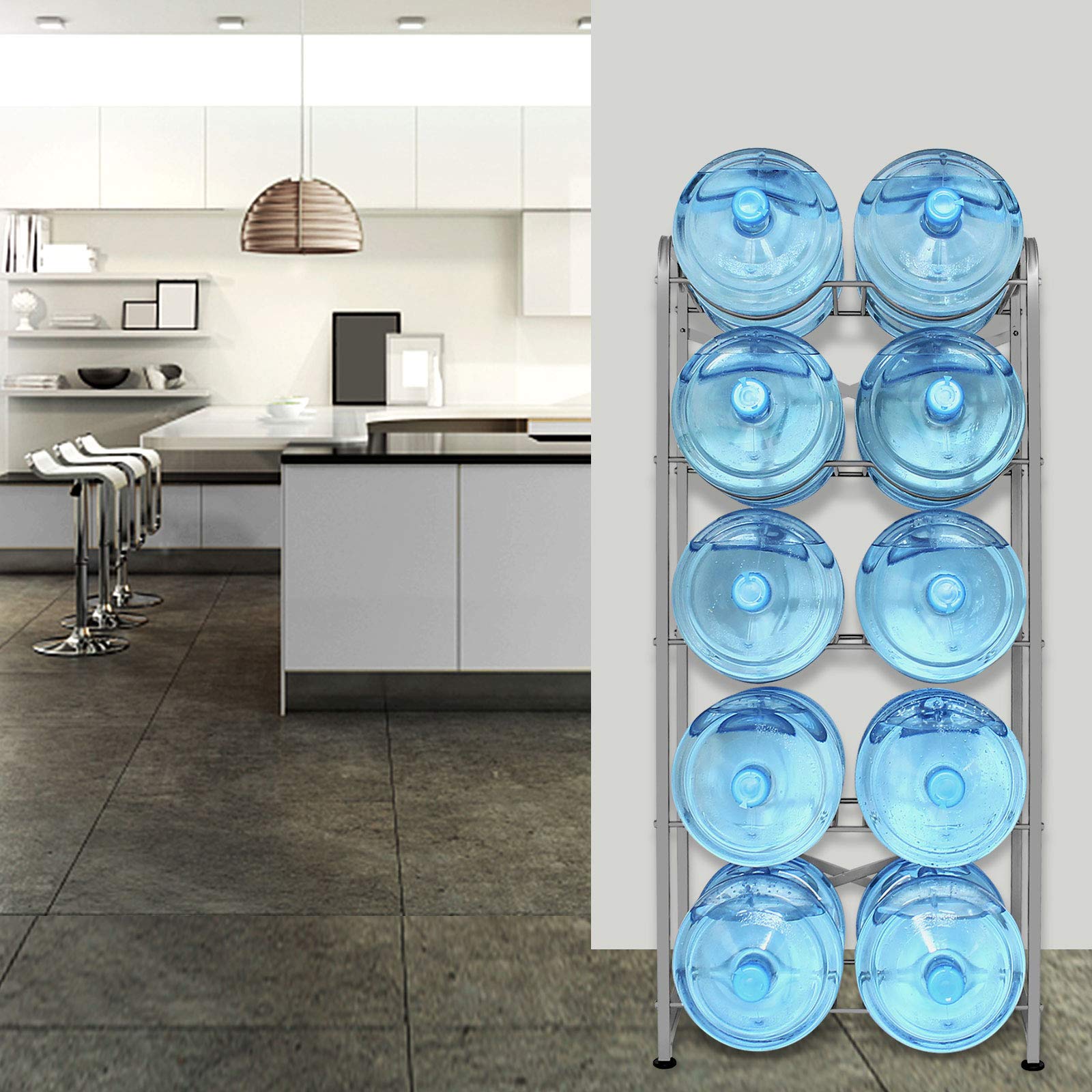 Ationgle 5 Gallon Water Bottle Holder For 10 Bottles, 5 Tiers Heavy-Duty Water Cooler Jug Rack With Reinforcement Frame For Kitc