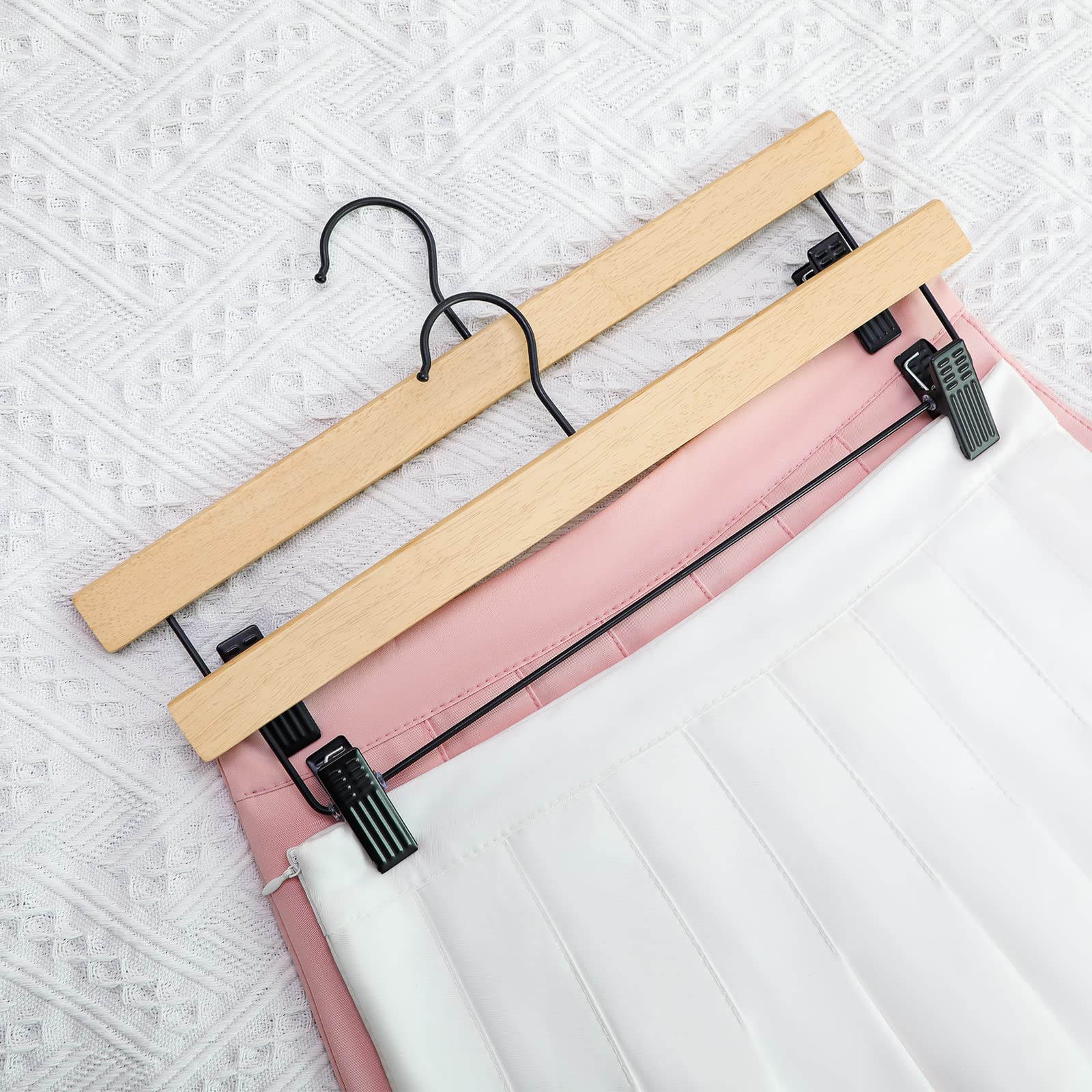 Topia Hanger Pants Hangers 10 Pack, Wooden Clothes Hangers With Black Clips And Rotatable Hook, Durable Natural Rubber Wood Hang