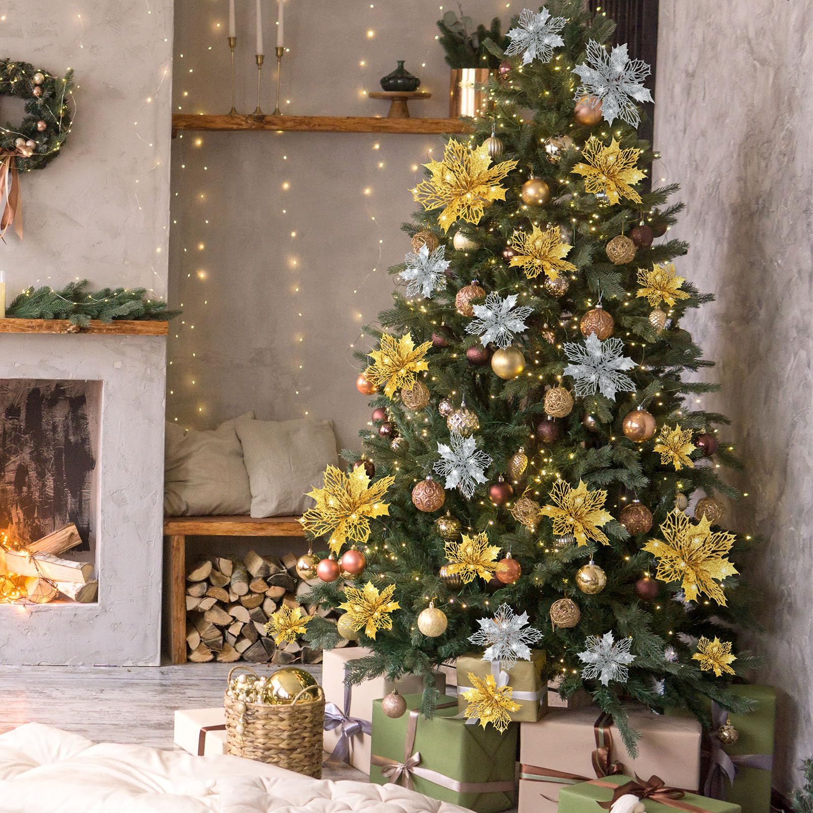 Boao 24 Pieces Gold and Silver Christmas Poinsettia Flowers Glitter with Clips Christmas Ornaments Decorations for Tree Artifici