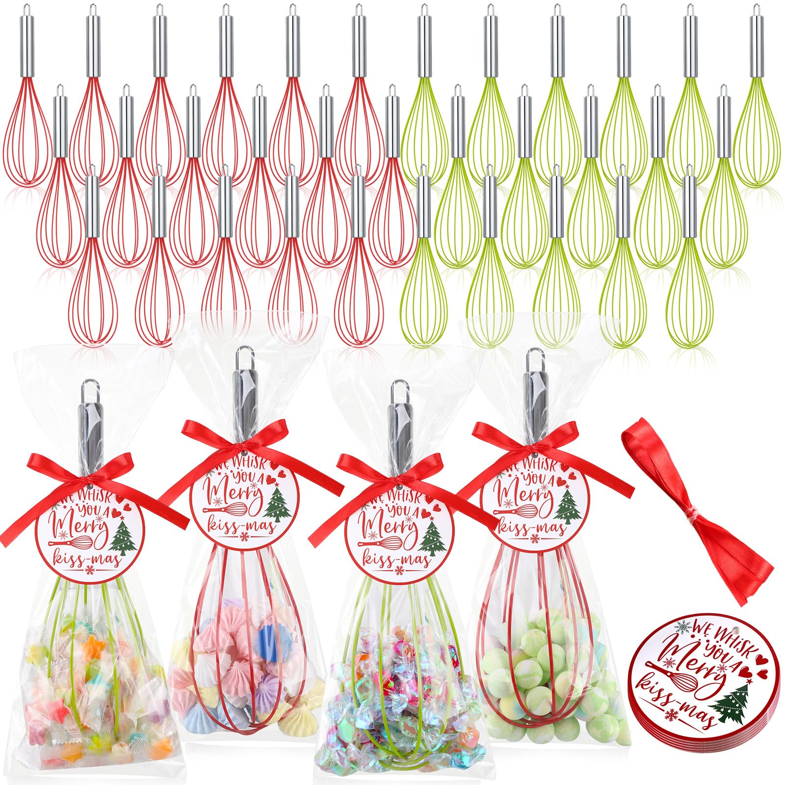 FoldTier 100 Sets 12 Inch Christmas Whisks Gifts DIYFillable Christmas Tree Ornaments Xmas Colored Silicone Whisks for Cooking H