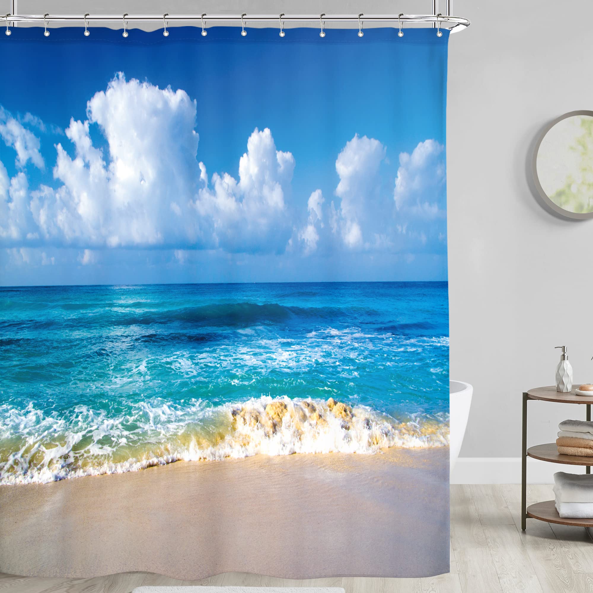 Riyidecor Ocean Sea Beach Shower Curtain Seaside Landscape Hawaiian Island 60Wx72H Inch Summer Seashore Coastal Scenery Seawave Holiday Fabric Decor Bathroom Polyester Waterproof 12 Pack Hooks