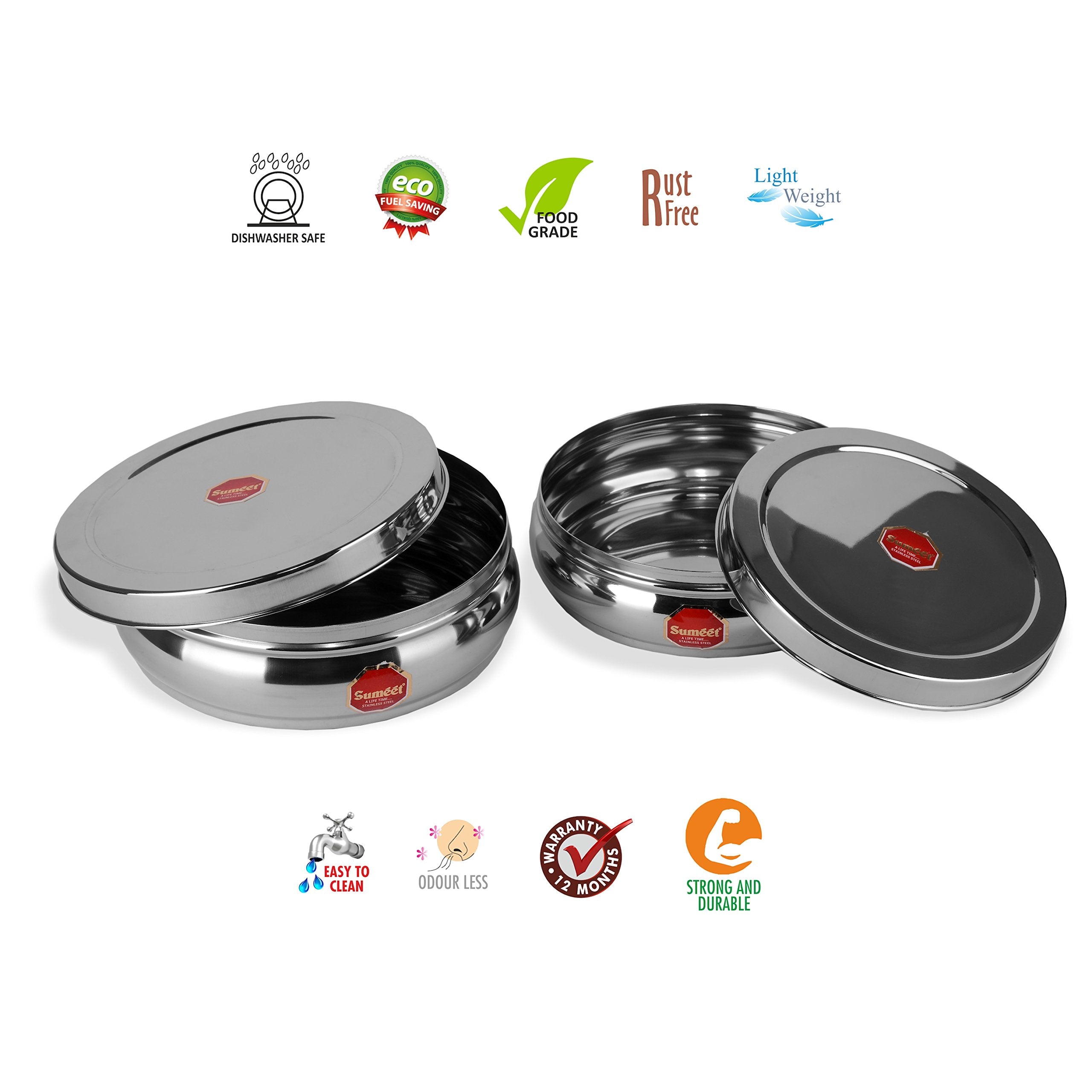 Sumeet Stainless Steel Belly Shape Flat Canisters/Puri Dabba/Storage Containers Set Of 2Pcs (No. 11 & No.12)(18.4Cm & 20.5Cm Dia