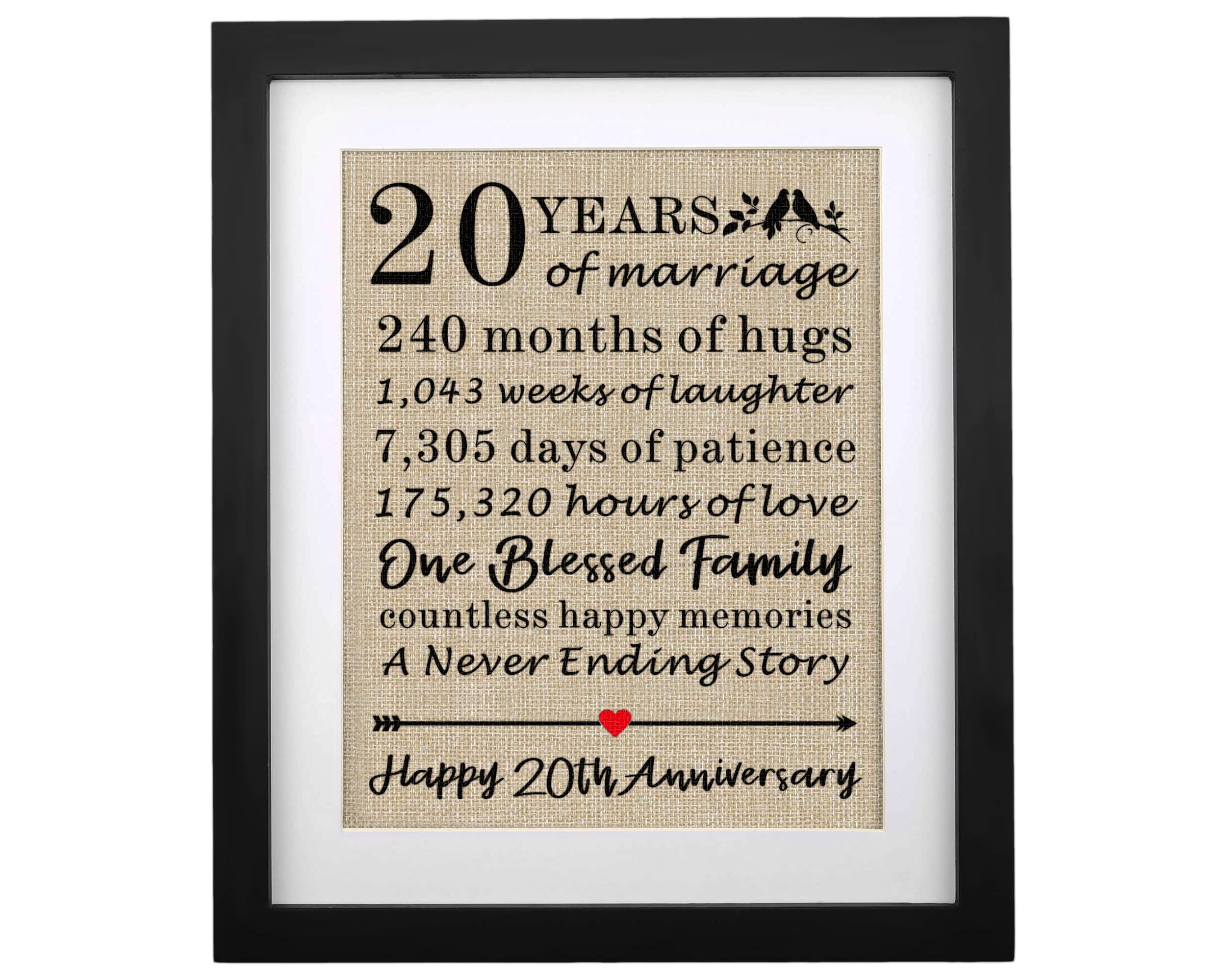 Framed 20Th Anniversary Burlap Print Gifts For 20Th Wedding Anniversary Keepsake Gift For Husband Wife 20Th Anniversary 20 Years