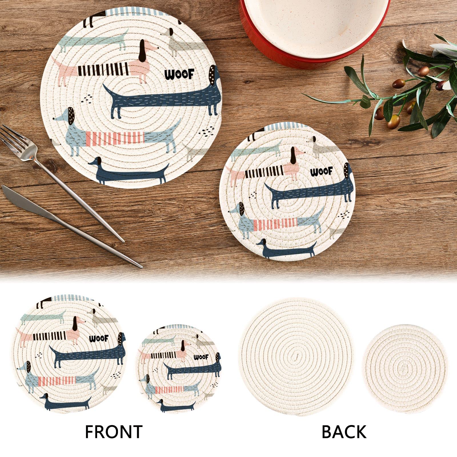 Kigai Cute Navy Blue Dachshund Pot Holders Trivets Set 2 Pcs,Round 100% Cotton Braided Hot Pads For Hot Dishes Hot Pots And Pans
