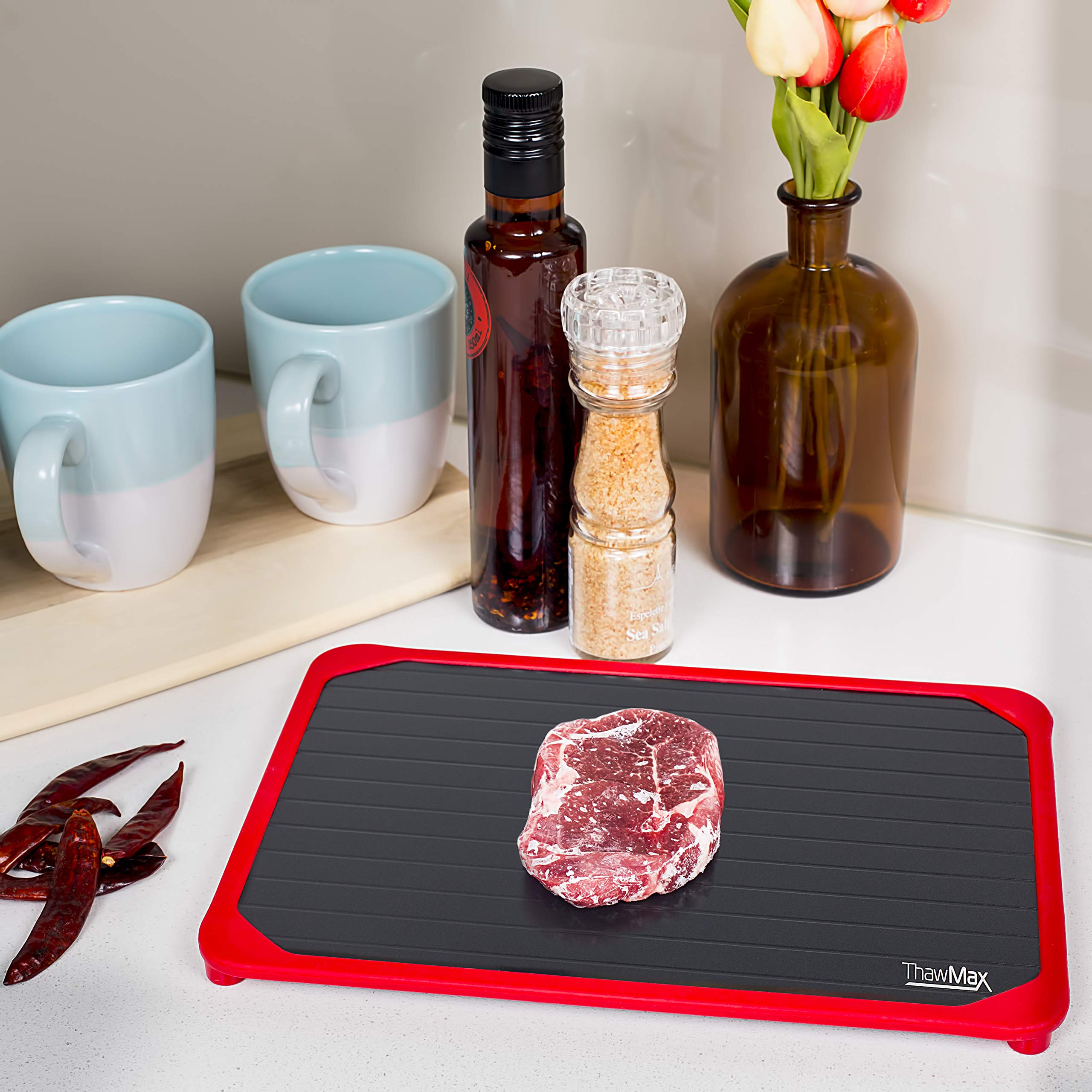 ThawMax Rapid Defrosting Tray - Aluminum, 11.6"x8.1", Red, Silicone Border, Thaw Frozen Meat Fast Without Microwave