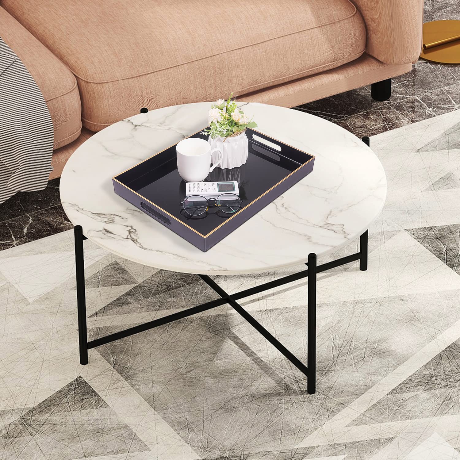 Maoname Black Serving Tray With Handles, Rectangular Decorative Tray, Modern Coffee Table Tray, Plastic Ottoman Tray For Bathroo