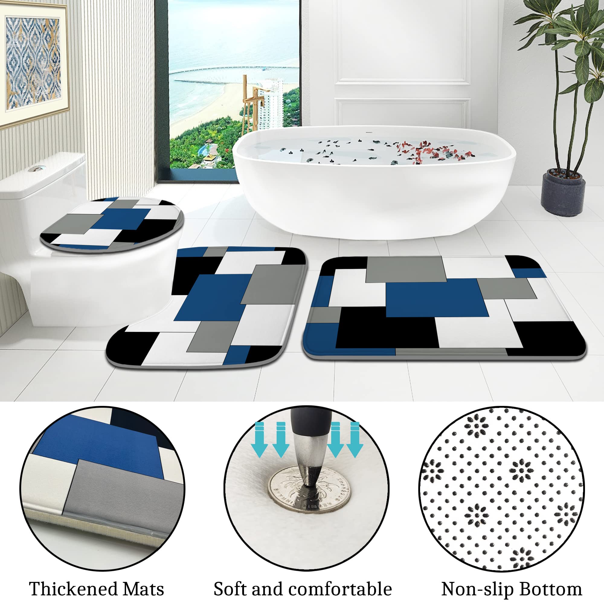 Enyorsel Blue Bathroom Sets With Shower Curtain And Rugs, 4 Piece Geometric Bathroom Shower Curtain Set With Rugs, Incl Shower C