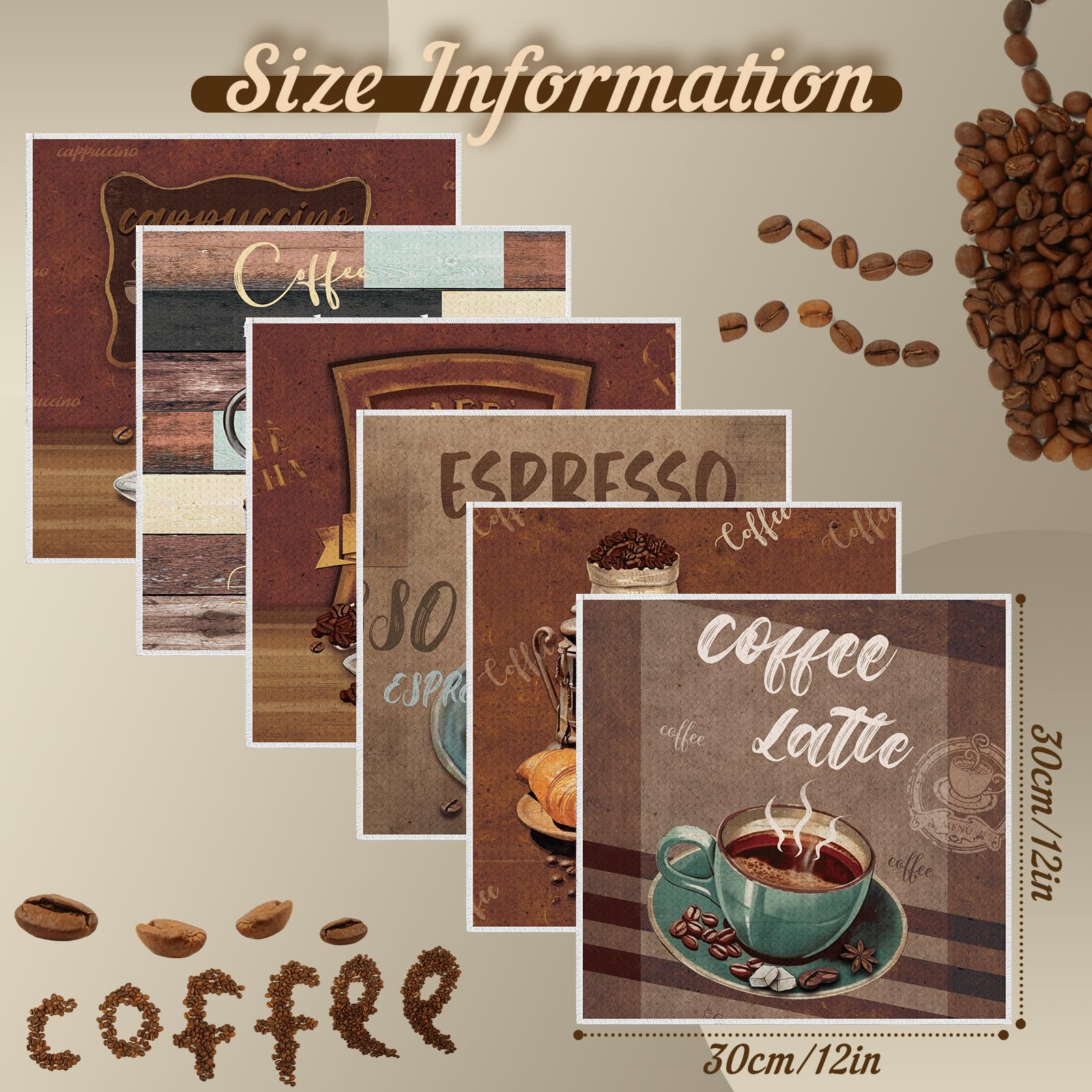 Boyiee Set of 6 Barista Kitchen Towels 12 x 12 Inches Coffee Waffle Dish Towels Absorbent Decorative Hand Dish Cloths Housewarmi