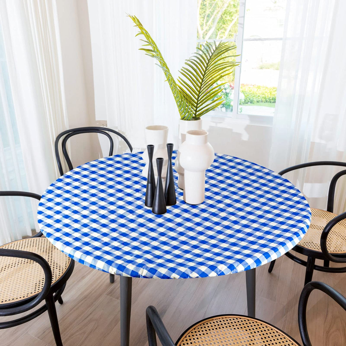 Sorfey Tablecloth -Fitted With Elastic, Vinyl With Flannel Back, Fits For Table 36 Inches Round,Water Proof, Easy To Clean, Chec