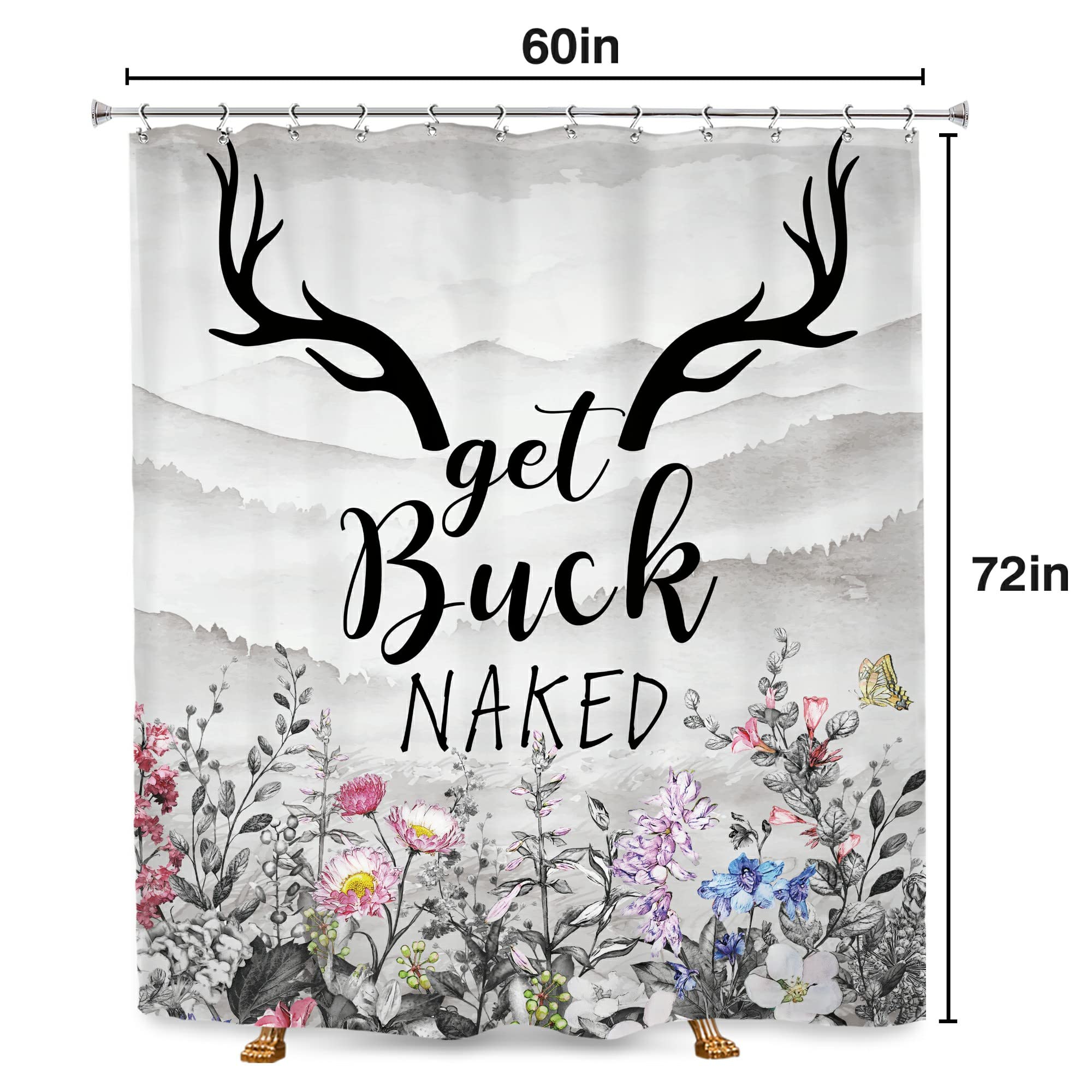 Svbright Get Buck Naked Shower Curtain 60Wx72L Inch Funny Farmhouse Country Rustic Floral Western Grey Mountain Cute Quotes Plan