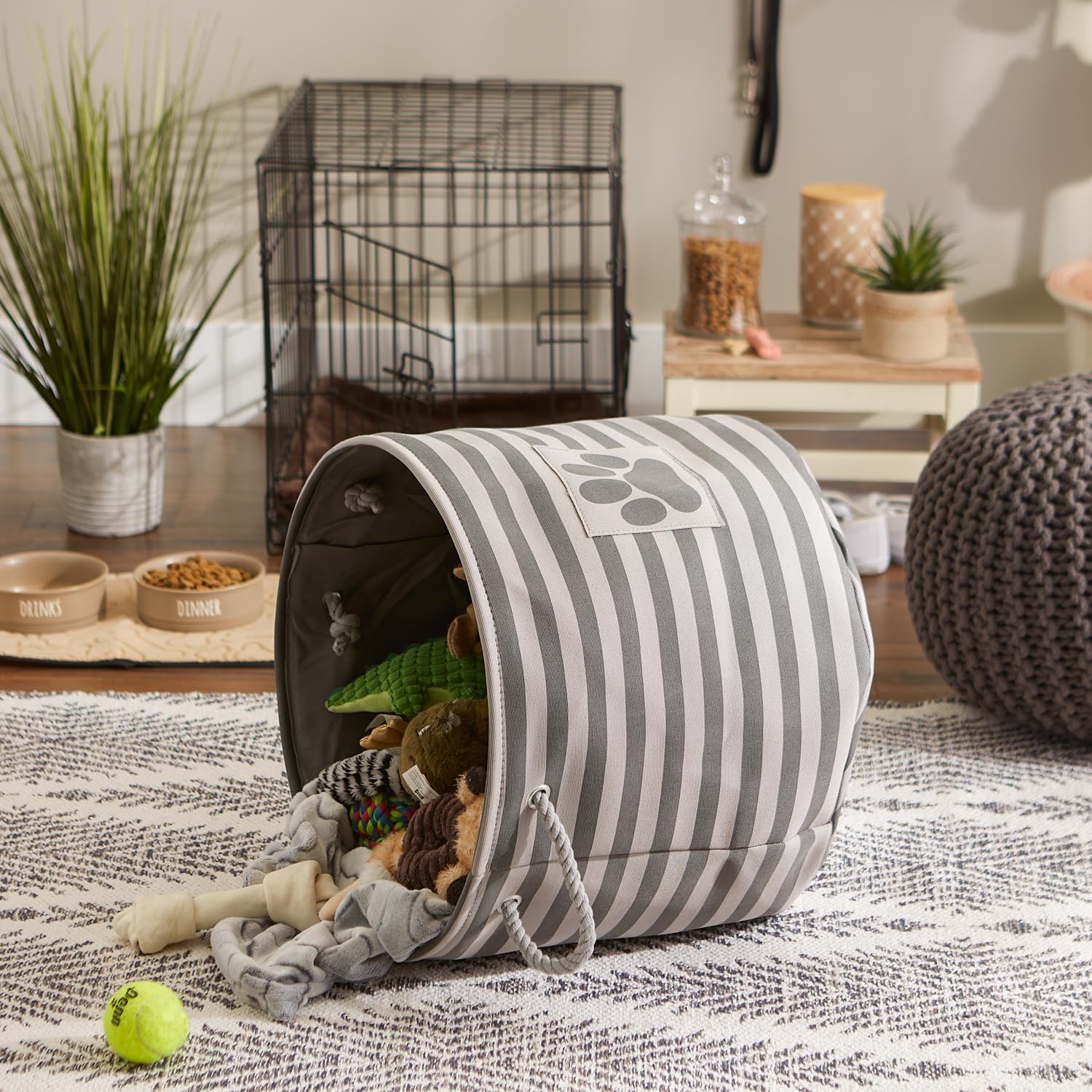 Bone Dry Pet Storage Collection Striped Paw Patch Bin  Large Round  Gray