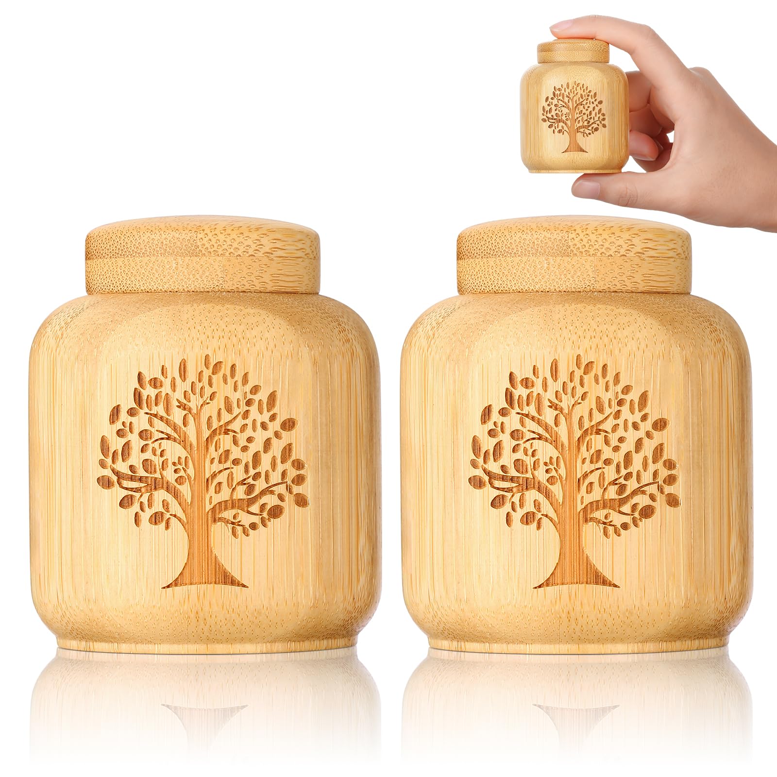 Mini Urns for Human Ashes Made of Bamboo - Set of 2 Small Keepsake Urns With Tree of Life Pattern Engraved, Biodegradable for Pe