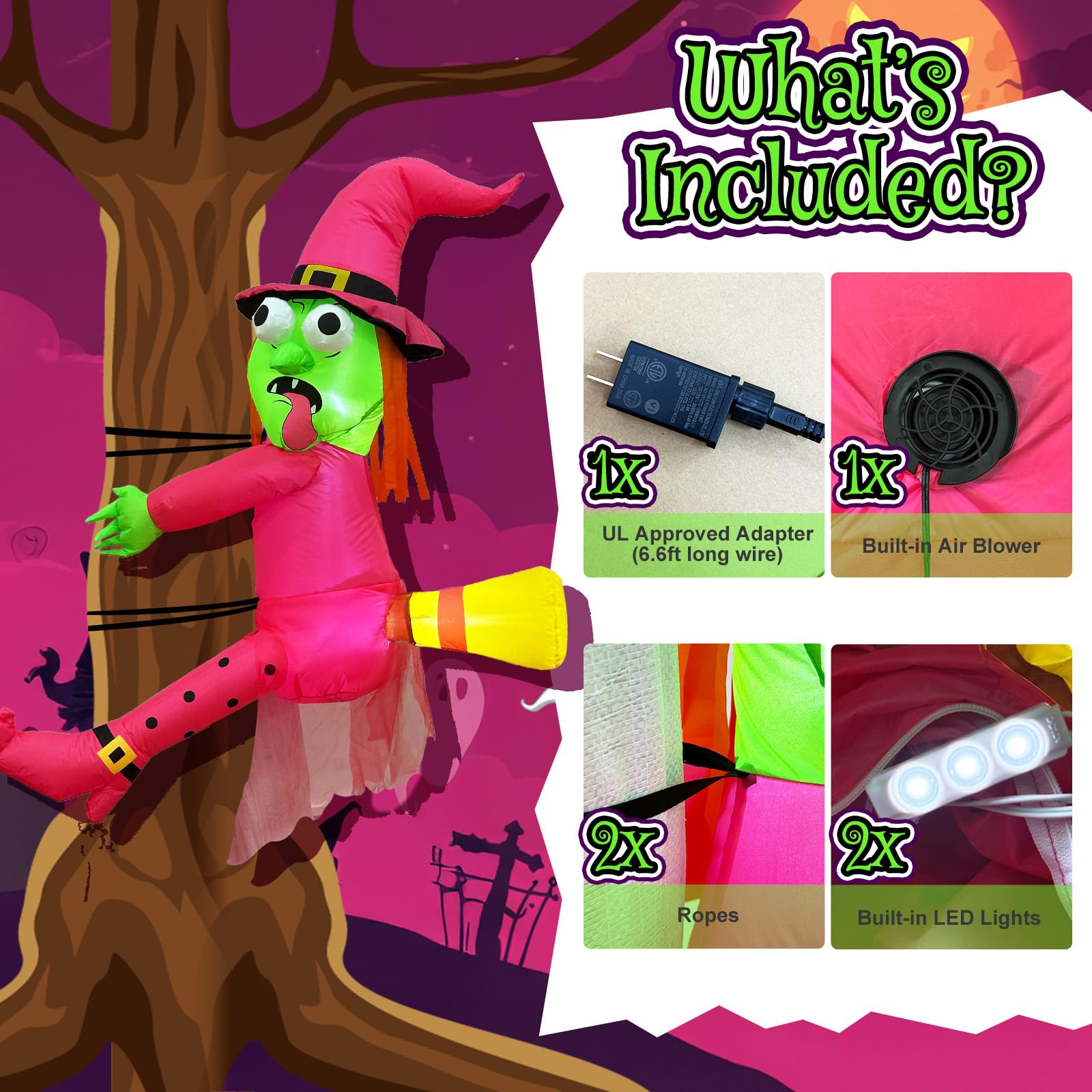 Fayavoo 4FT Halloween Inflatables Witch Outdoor Decoration, Funny Blow Ups Witch Crashing into Tree, Pink Halloween Yard Dec or