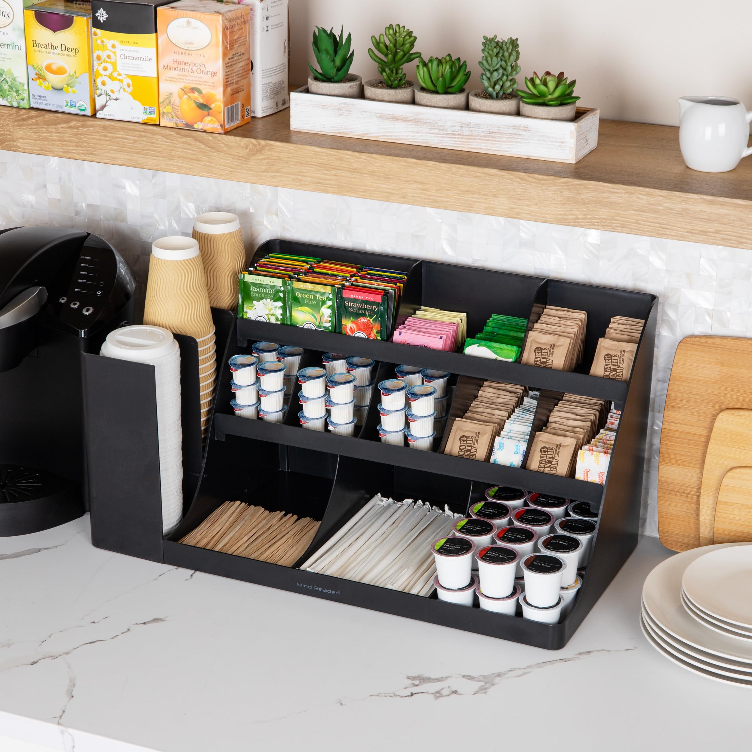 Mind Reader Cup And Condiment Station, Countertop Organizer, Coffee Bar, Kitchen, Stirrers, 24''L X 11.5''W X 12.5''H, Black