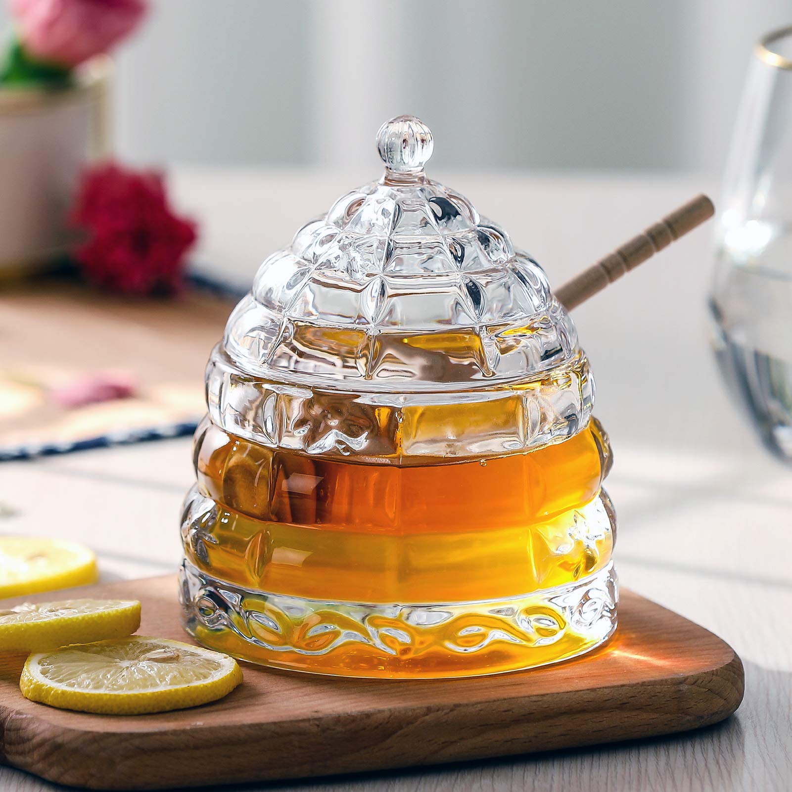 1500 C Tabletop Bee-Hive Glass Honey Jars With Dipper And Lid 10 Oz. Crystal Clear Heavy Glass Honey Pot Honey Containers Holder
