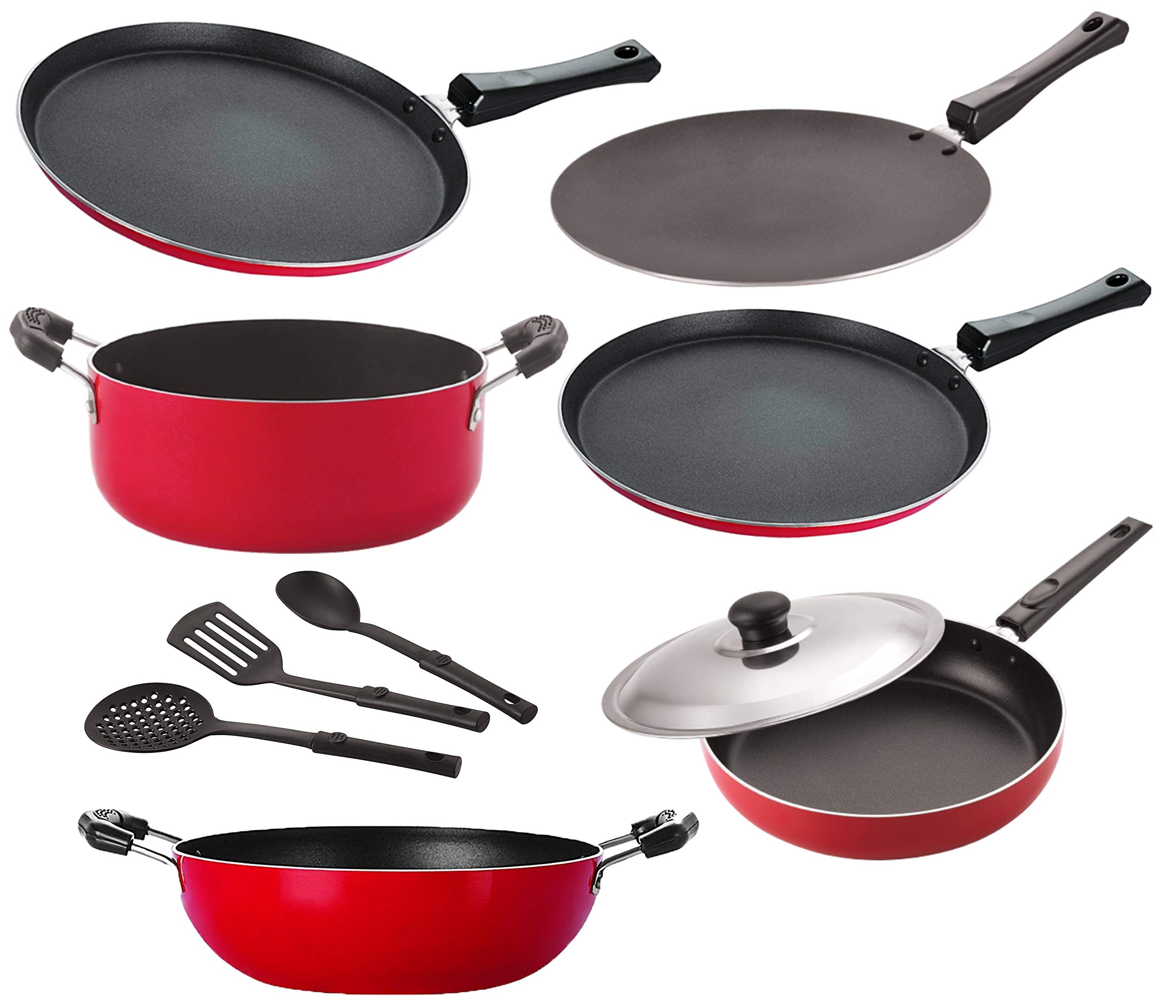 Nirlon Non Stick Aluminium Cookware Essential Gift Set Of 9 Pieces With Bakelite Handle|26_Ft13_Ct_Kd12_Ft11_Cass20_Fp12_3Spn