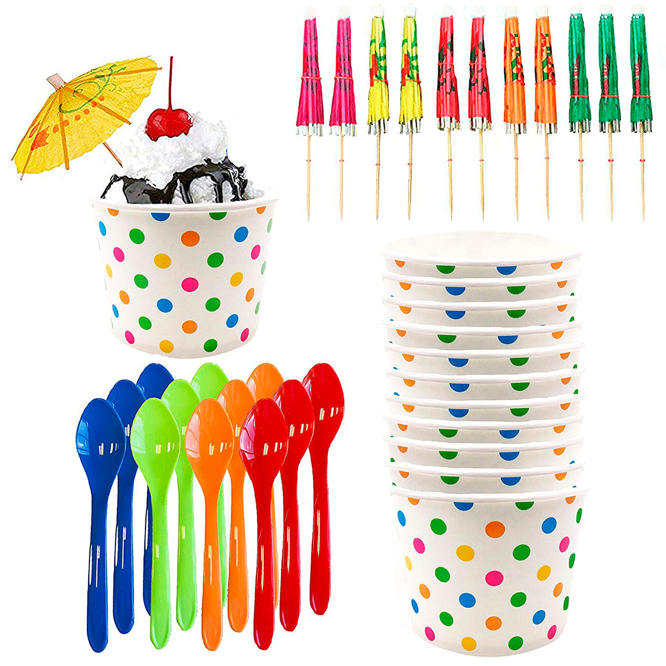 Ice Cream Sundae Kit - 12 Ounce Polka Dot Paper Treat Cups - Heavyweight Plastic Spoons - Paper Umbrellas - 12 Each Pink Orange