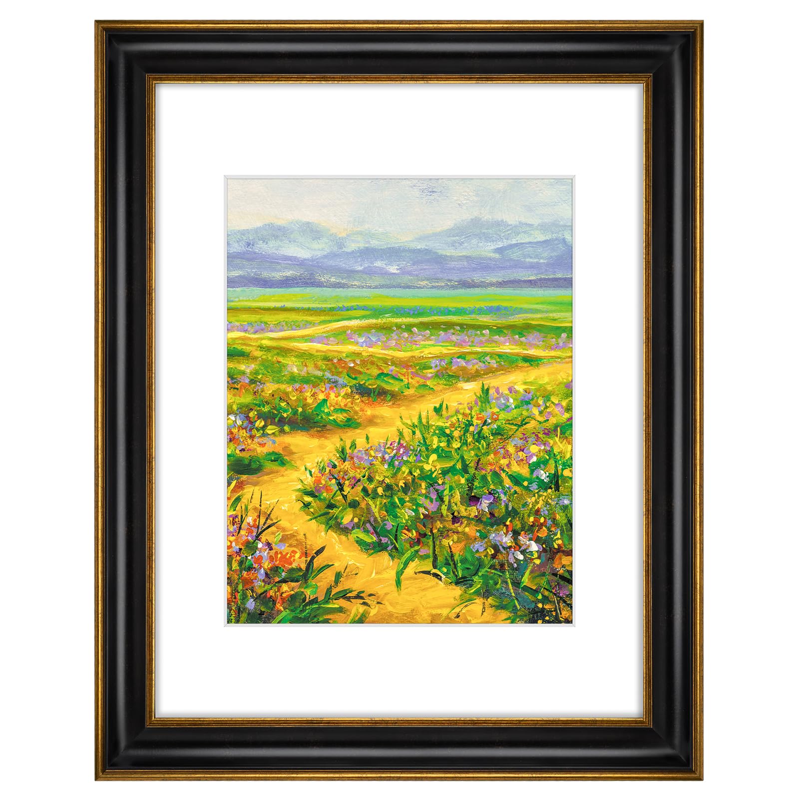 Golden State Art, 11x14 Photo Frame With Mat for Pictures 8x10 and Real Glass (Black With Antique Gold Trim - White Color Mat, 1