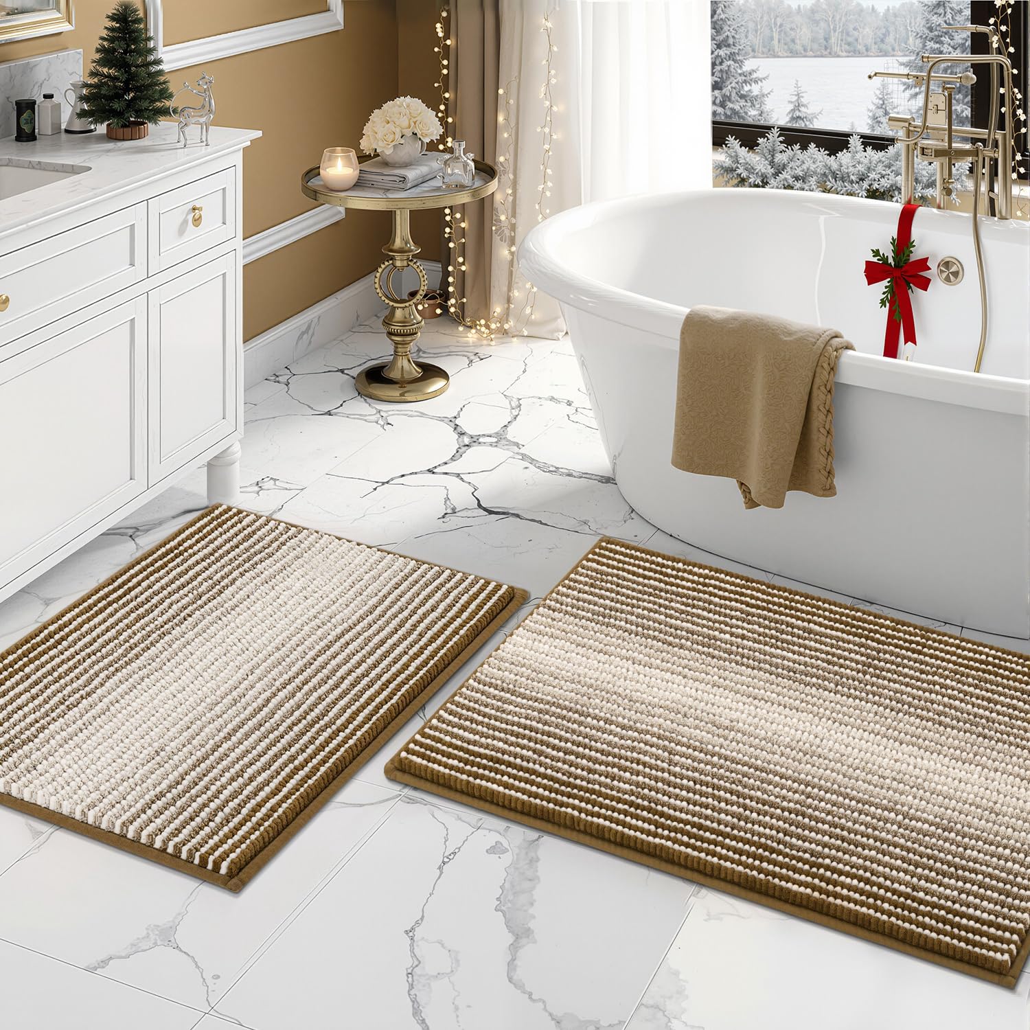 BSICPRO Bathroom Rugs and Mats Sets, 2 Piece Thick Absorbent Chenille Non Slip, Soft Shaggy Bath Room Floor Mats for Bathroom, M