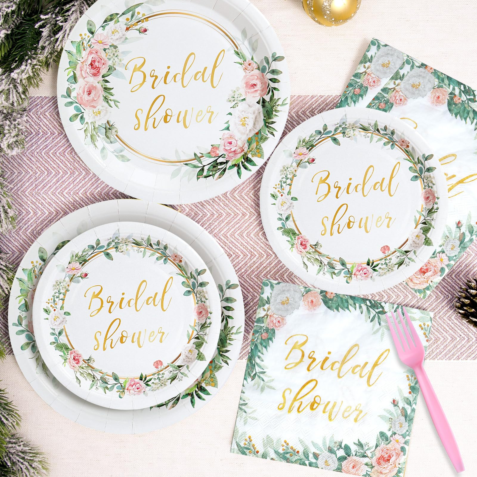 Qifu Bridal Shower Decorations Party Tableware - Pink And Gold Floral Paper Plates,Dessert Plates,Napkins And Forks Sets For 24